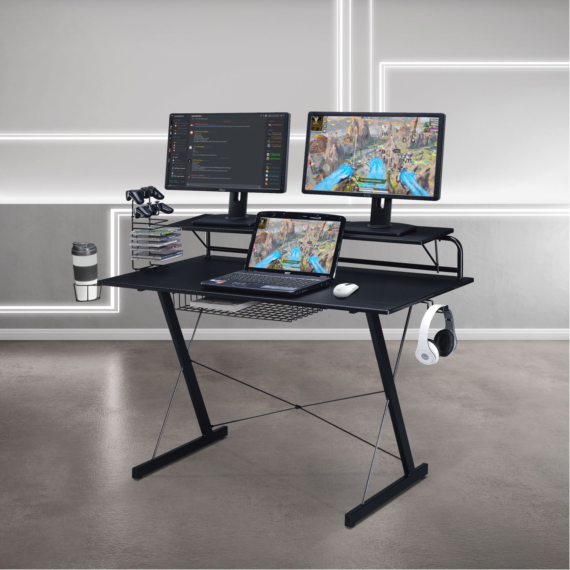 GOODSILO - Premium Carbon Fiber Gaming Desk with Shelving and Dual Monitor Stands - Black