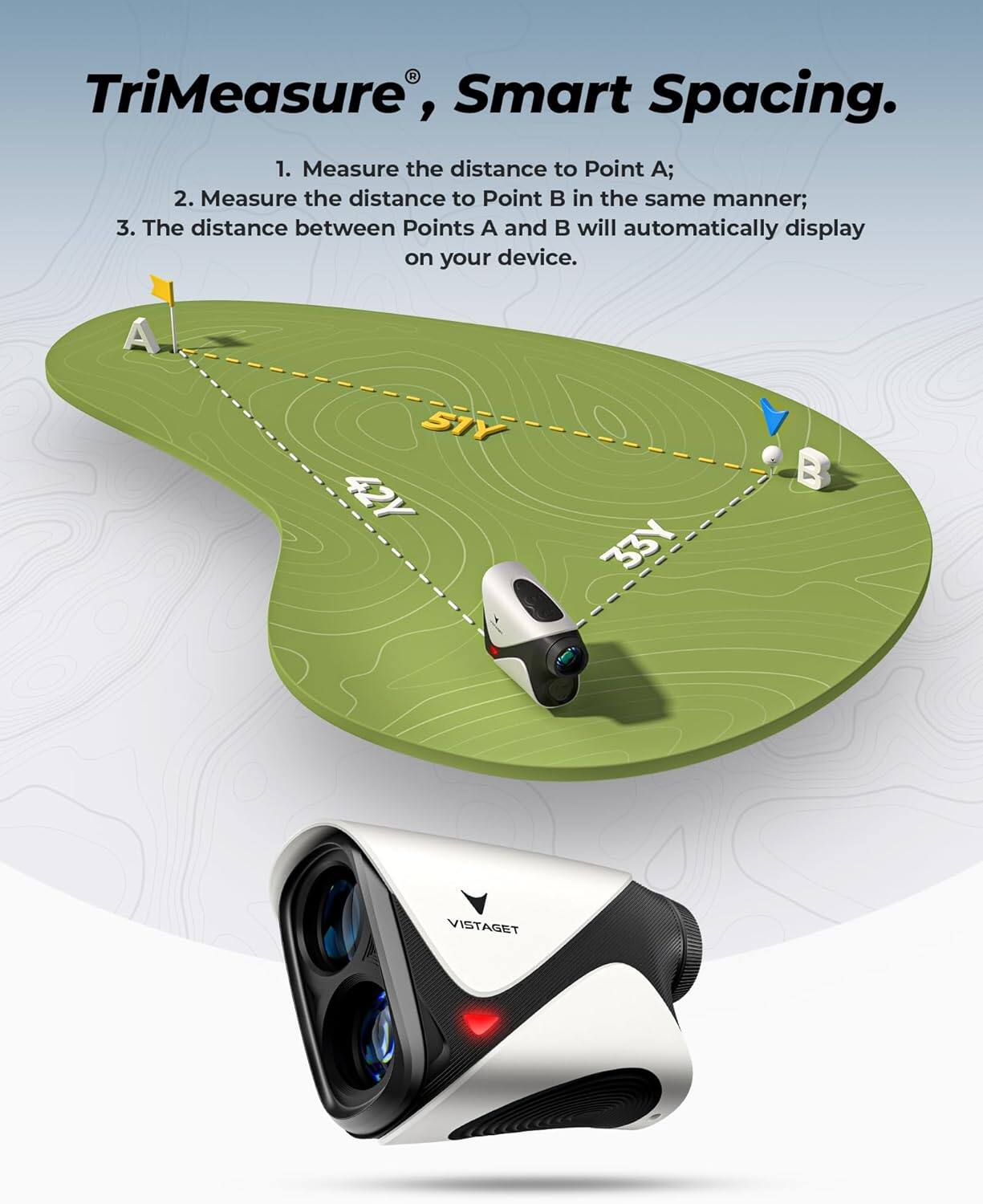 TriMeasure®, Smart Spacing.

1. Measure the distance to Point A;
2. Measure the distance to Point B in the same manner;
3. The distance between Points A and B will automatically display on your device.

A STY 42Y 33Y VISTAGET
