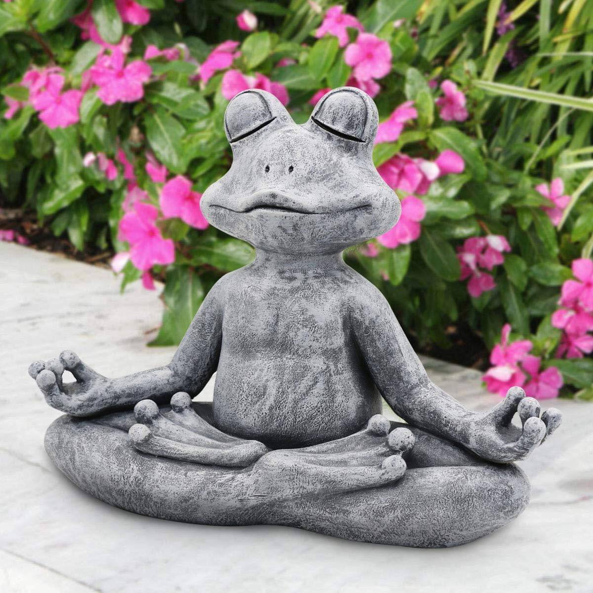 Angle. SlickBlue - Zen Garden Frog Statue in Meditating Yoga Pose for Tranquil Space - Grey.