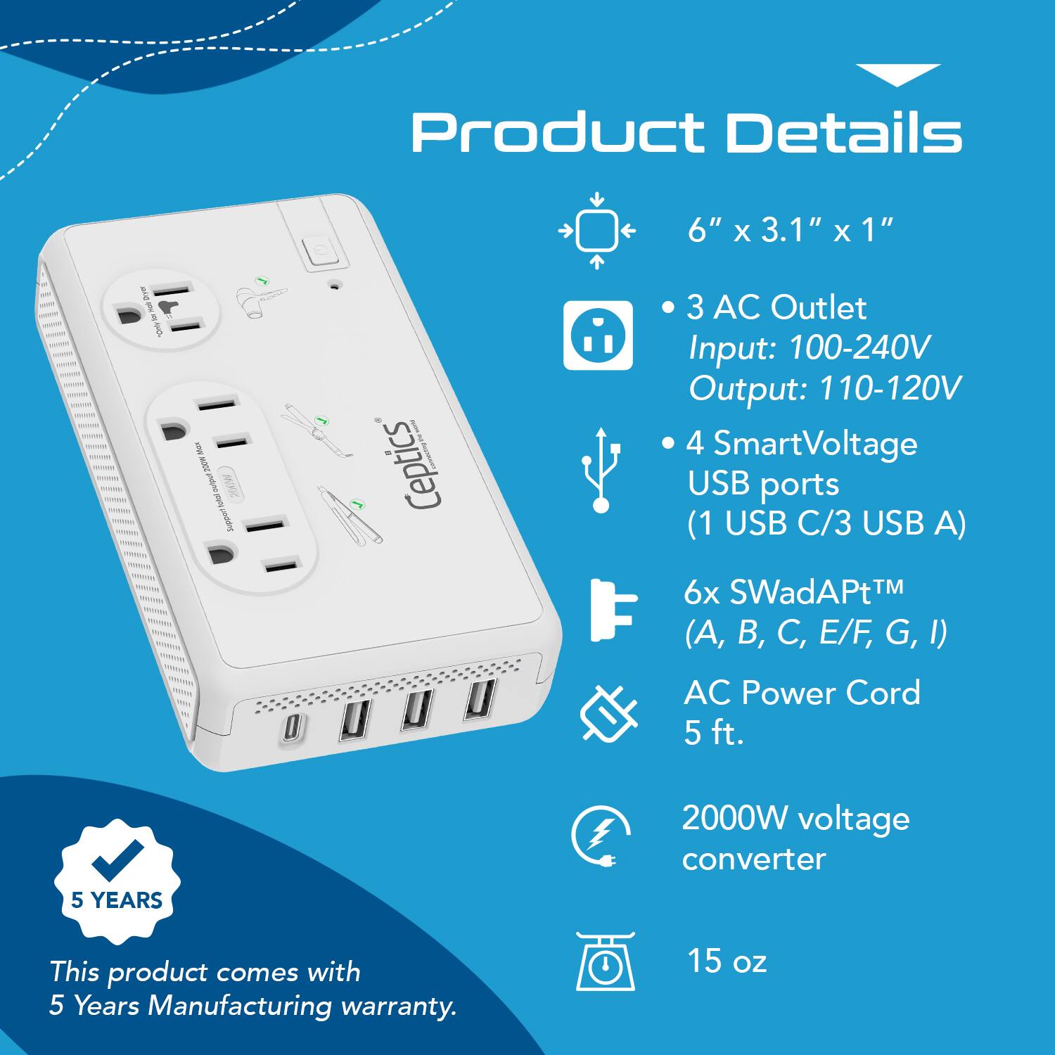 Product Details

- 6" x 3.1" x 1"
- 3 AC Outlet
  - Input: 100-240V
  - Output: 110-120V
- 4 SmartVoltage USB ports (1 USB C/3 USB A)
- 6x SWadAPt™ (A, B, C, E/F, G, I)
- AC Power Cord 5 ft.
- 2000W voltage converter
- 15 oz

This product comes with 5 Years Manufacturing warranty.