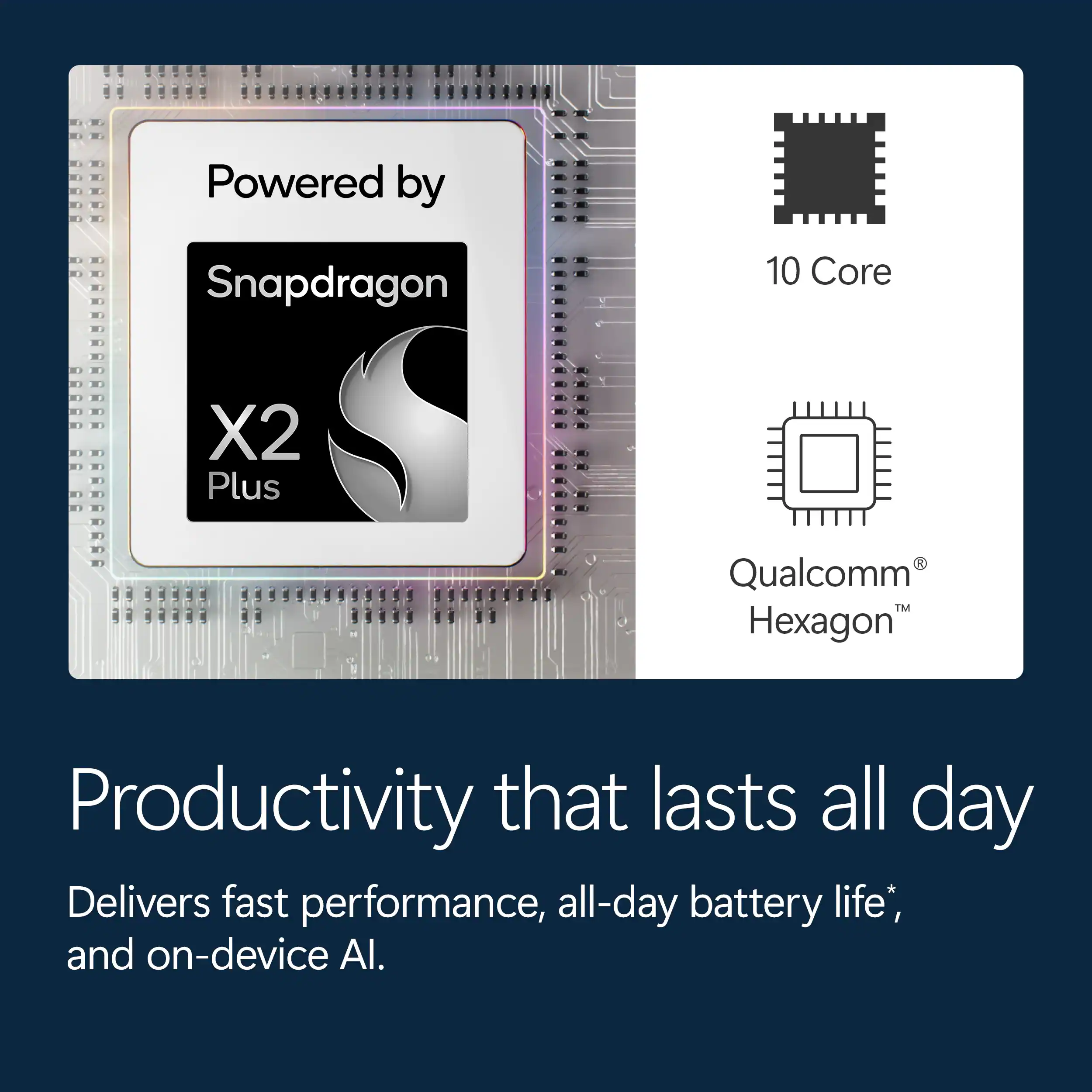 Powered by Snapdragon 10 Core X2 Plus Qualcomm™ Hexagon  
Productivity that lasts all day  
Delivers fast performance, all-day battery life*, and on-device AI.