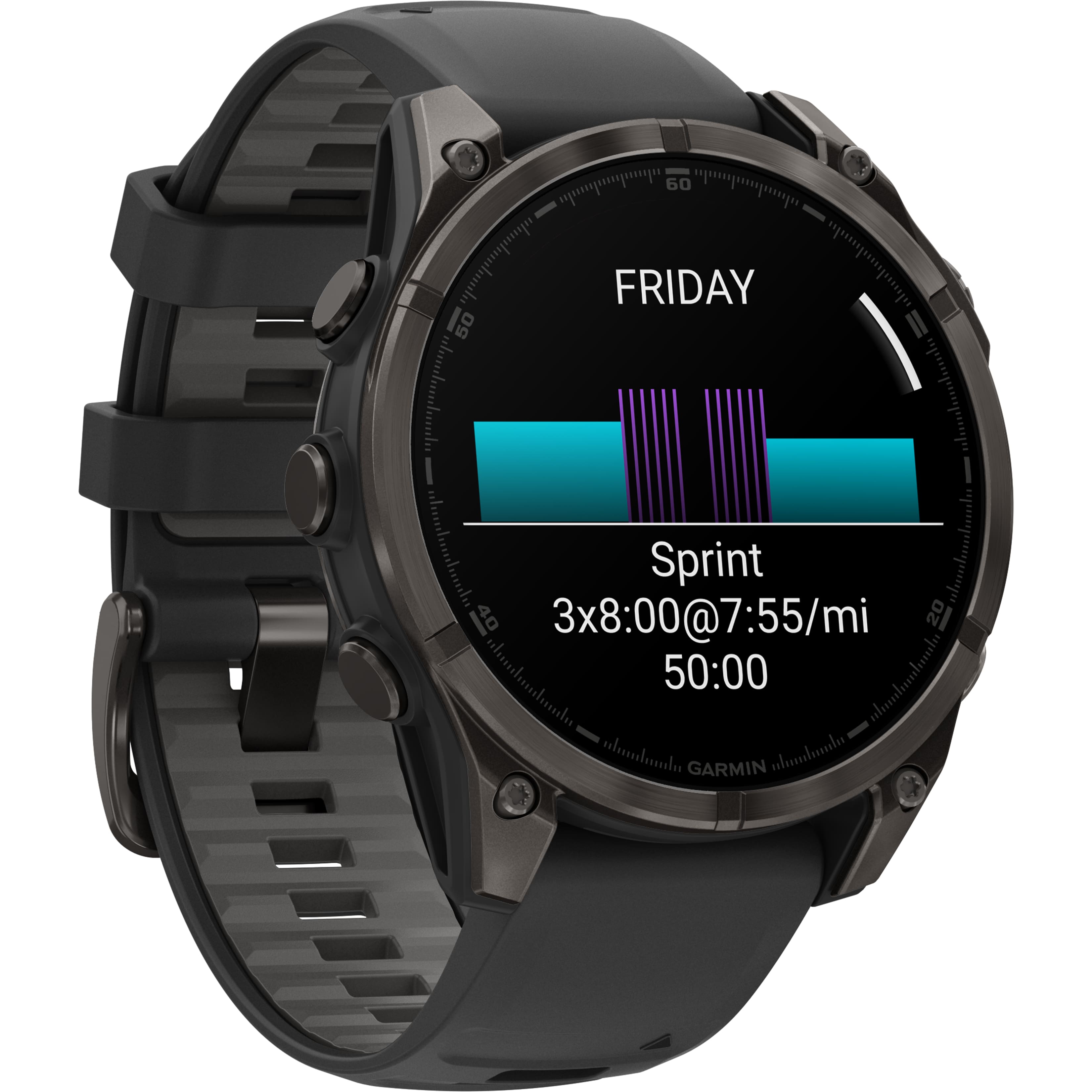 The text on the image reads: "60 FRIDAY Sprint 40 3x8:00@7:55/mi 20 50:00 alhamdulillah - nhaomduda GARMIN alhamdulillah."
The text has been grouped and corrected as follows:
1. "60 FRIDAY Sprint 40 3x8:00@7:55/mi 20 50:00" - This is a description of a workout or exercise plan for Friday, which involves sprinting for 40 minutes with three 8-minute intervals at a 7:55 minute-per-mile pace.
2. "alhamdulillah - nhaomduda" - This is a religious phrase, "alhamdulillah," which means "praise be to Allah" in Arabic. It is followed by the name "nhaomduda."
3. "GARMIN alhamdulillah" - This is a reference to the Garmin brand of fitness trackers or smartwatches, which are used to monitor and track exercise activities. The phrase "alhamdulillah" is repeated here as well.