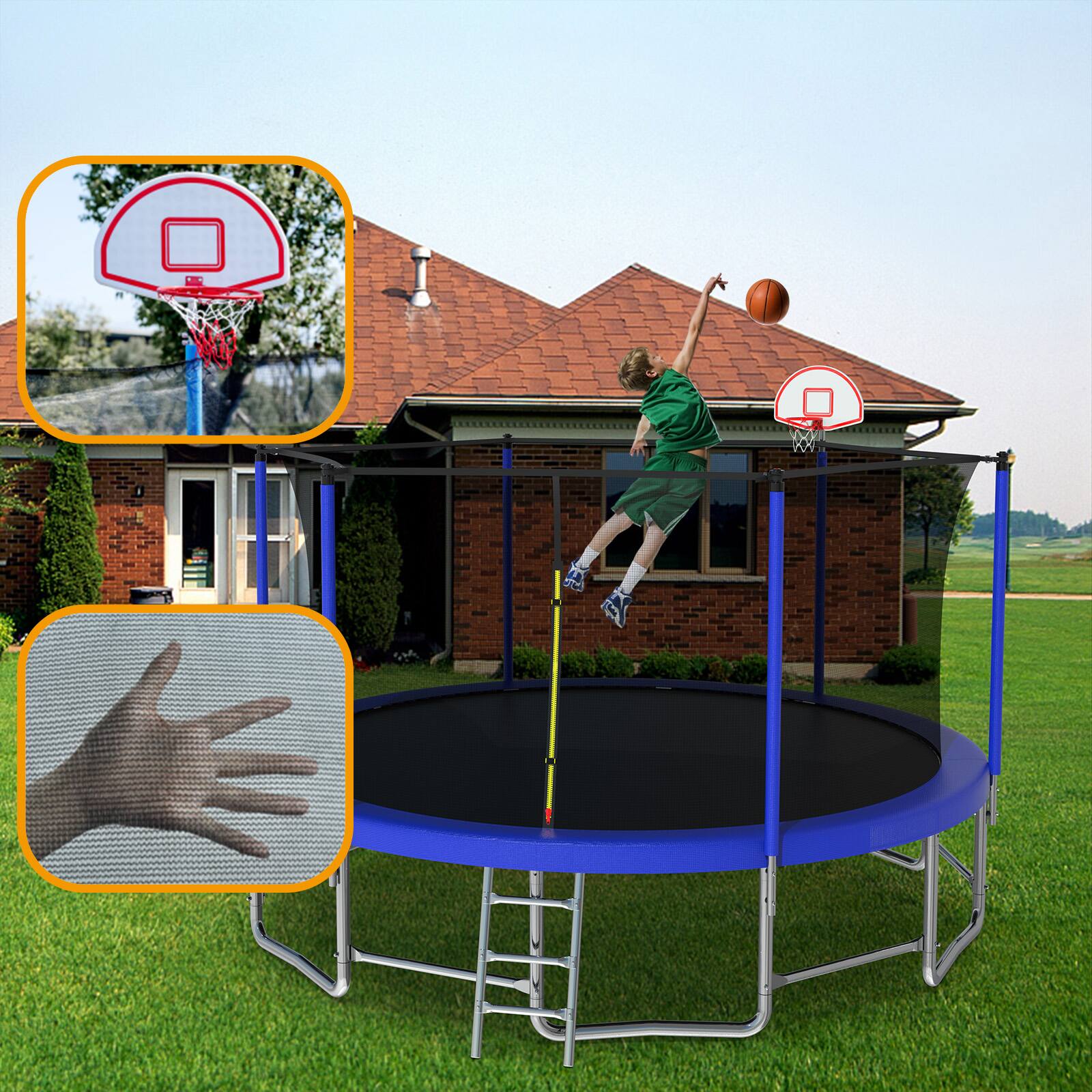 Left. Anysun - 15FT with Safety Enclosure Net Outdoor Backyards Large Recreational Trampoline.
