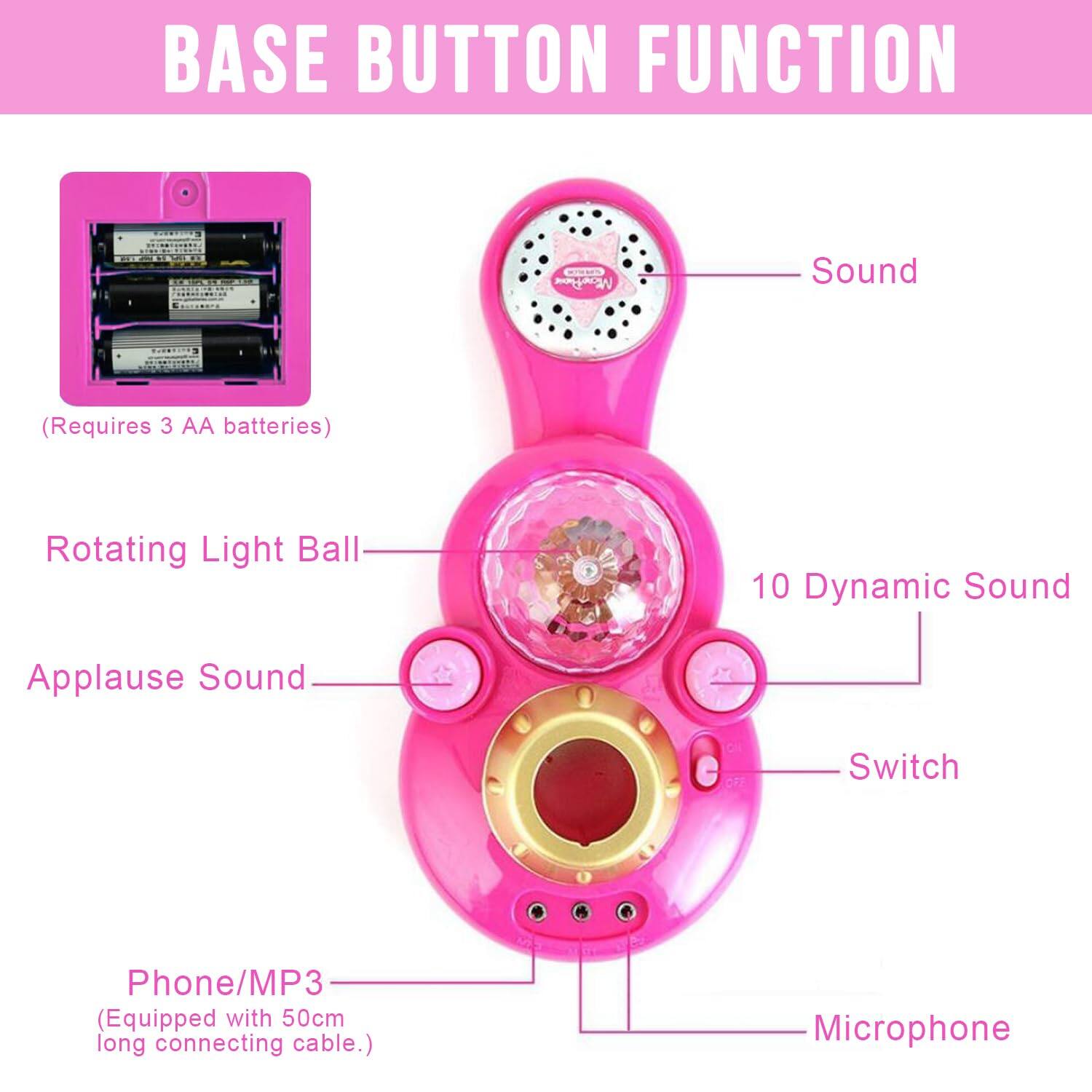 BASE BUTTON FUNCTION

- Sound
- Rotating Light Ball
- Applause Sound
- Phone/MP3 (Equipped with 50cm long connecting cable.)
- Microphone
- 10 Dynamic Sound
- Switch

(Requires 3 AA batteries)
