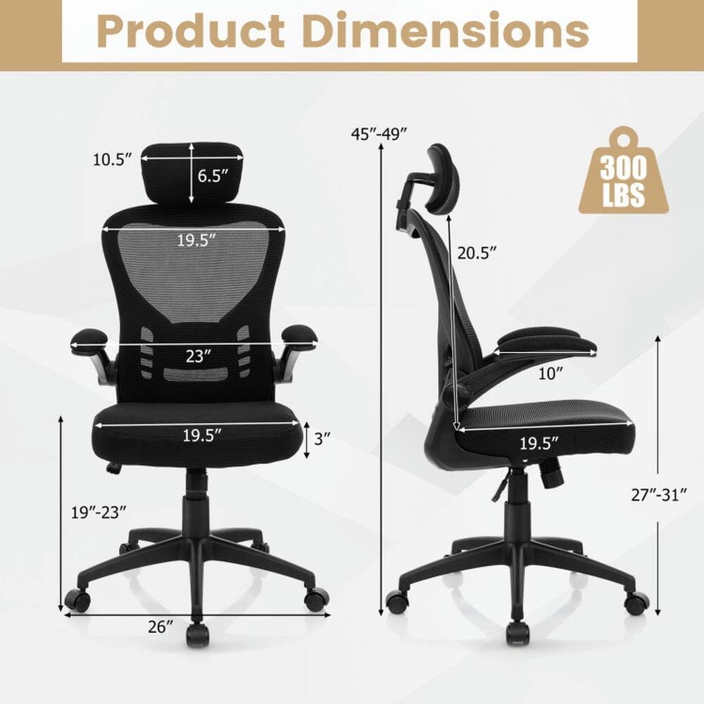 Product Dimensions:  
- Height: 45" - 49"  
- Width: 20.5"  
- Depth: 27" - 31"  
- Seat Height: 19" - 23"  
- Seat Depth: 19.5"  
- Back Height: 19.5"  
- Back Width: 23"  
- Armrest Height: 10.5"  
- Armrest Width: 6.5"  
- Base Width: 26"  
- Weight Capacity: 300 LBS