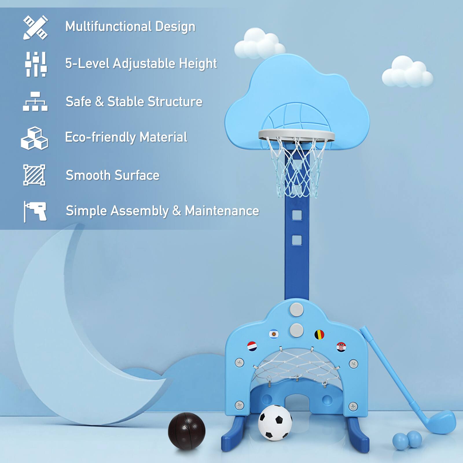 Multifunctional Design, 5-Level Adjustable Height, Safe & Stable Structure, Eco-friendly Material, Smooth Surface, Simple Assembly & Maintenance