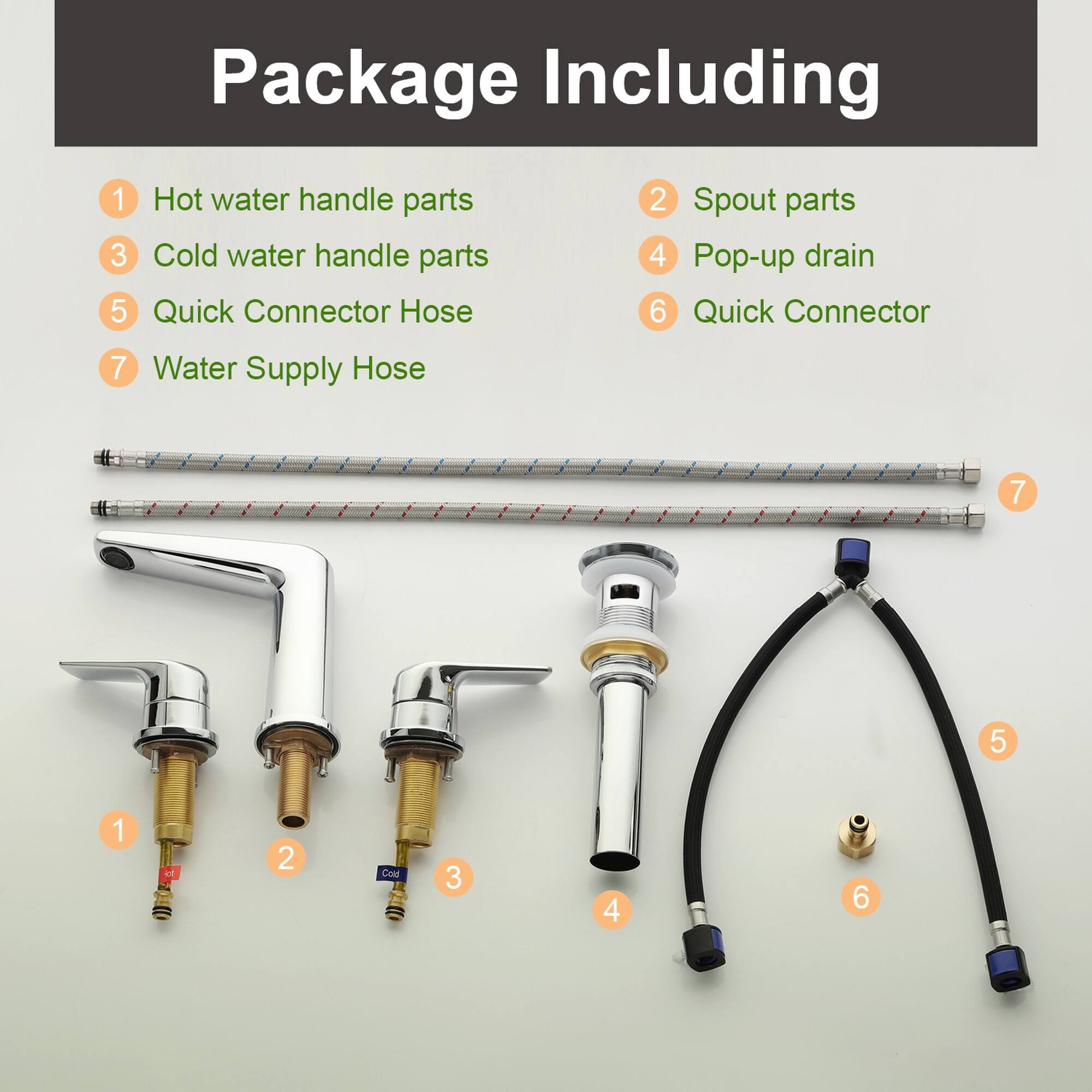 Package Including

1. Hot water handle parts
2. Spout parts
3. Cold water handle parts
4. Pop-up drain
5. Quick Connector Hose
6. Quick Connector
7. Water Supply Hose