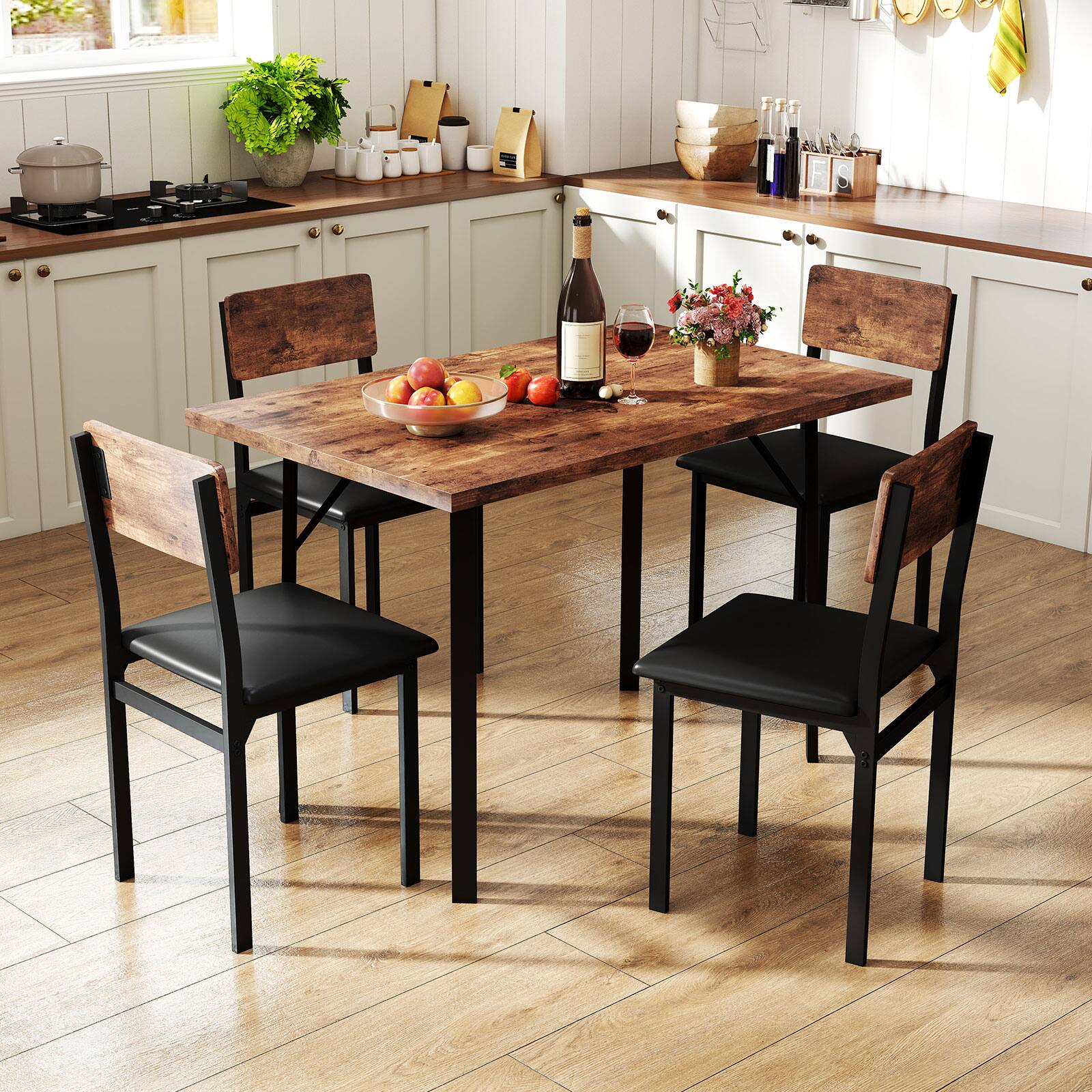 Alt View 4. Gymax - Gymax 5-Piece Dining Set for 4 47'' Round Kitchen Table 4 Stools w/ Wooden Tabletop - Brown.