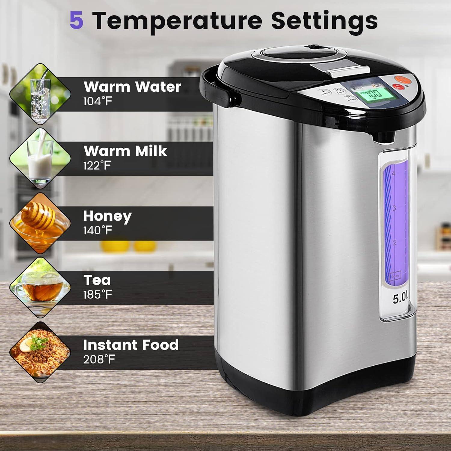 5 Temperature Settings

- Warm Water: 104°F
- Warm Milk: 122°F
- Honey: 140°F
- Tea: 185°F
- Instant Food: 208°F