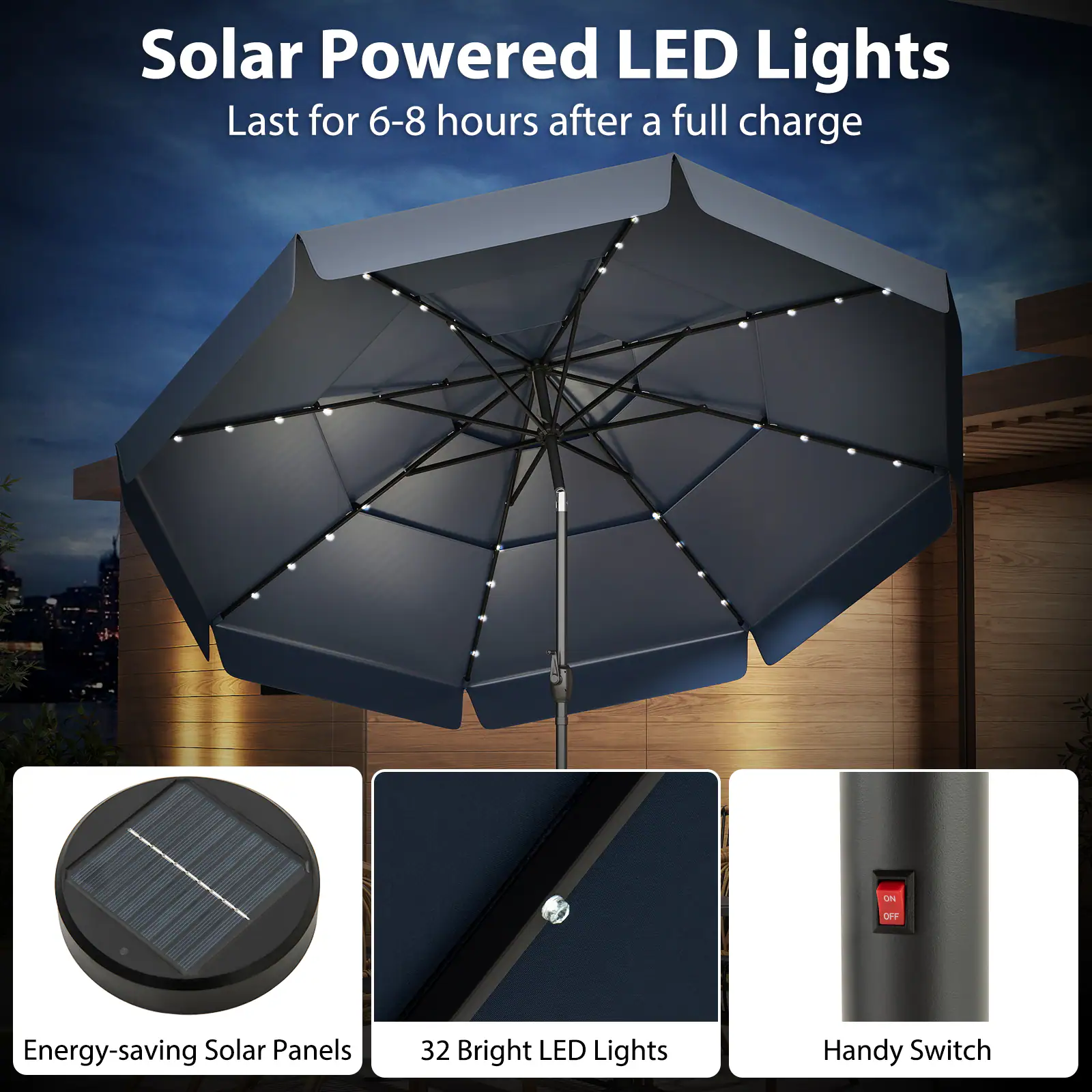 Solar Powered LED Lights

Energy-saving Solar Panels

32 Bright LED Lights

Handy Switch