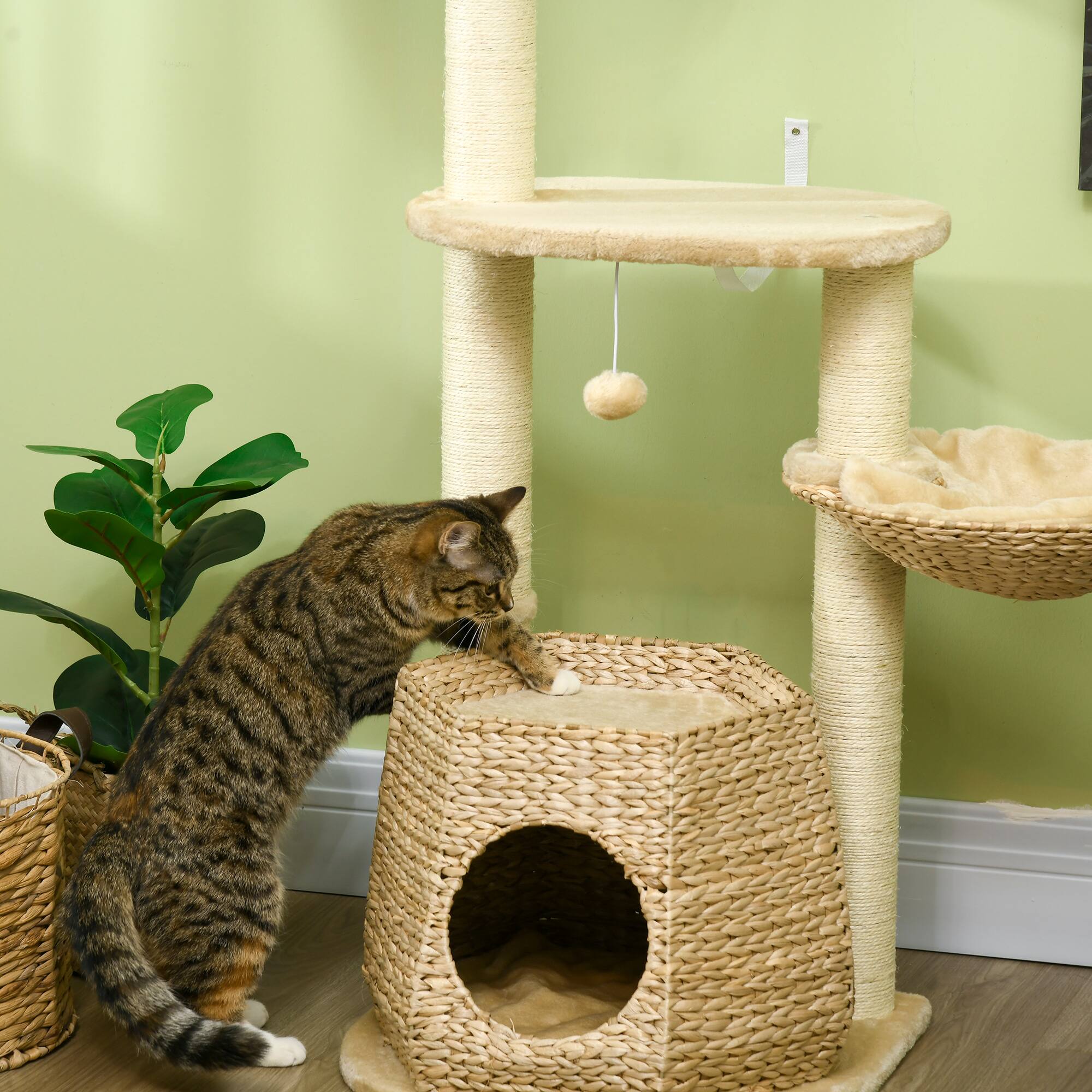 Alt View 5. Pawhut - Cat Tree, 47" Tower for Indoor Cats, Cattail Fluff Condo, Beds, Platform, Scratching Posts, Hanging Ball - Natural wood finish.