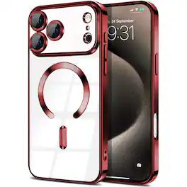 Entronix - Magnetic Case for iPhone 17 Pro - Clear Back Luxury Glossy Cover - Red
