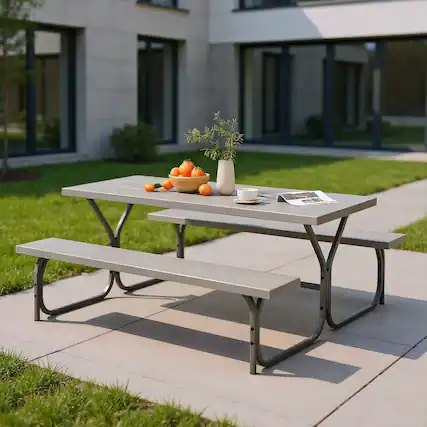 Front. Kadyn - 6 Feet Picnic Table Bench Set with HDPE Tabletop for 8 Person-Gray for Patio Back Deck, Balcany, Poolside - Gray.
