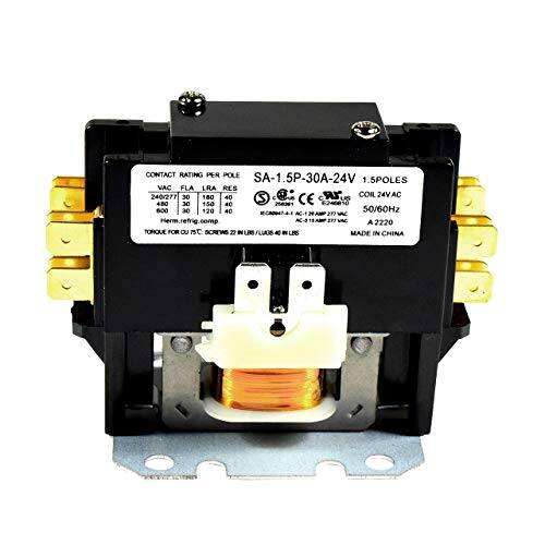 CONTACT RATING PER POLE  
SA-1.5P-30A-24V  
1.5 POLES  
VAC  
FLA  
LRA  
RES  
240/271  
30  
180  
40  
"IR COIL 24VAC  
S C CE  
LAS  
4.80  
30  
150  
40  
240810  
600  
30  
120  
40  
50/60Hz  
C4  
AC-2  
277  
S Herm.refrig.comp  
AC-3  
A 2220  
JUOROT FOR auU  
SCREWS  
22  
FLUCS  
4  
LS  
MADE IN CHINA