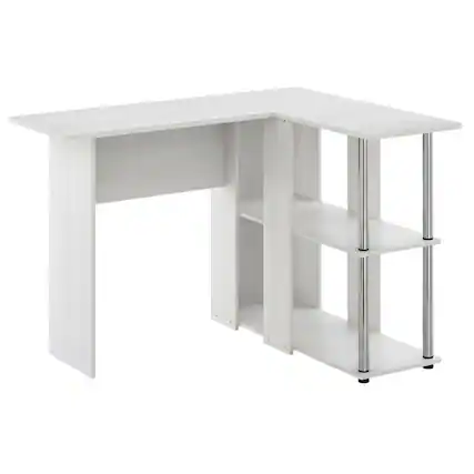 Front. BisonOffice - White Oak L-Shape Desk, Bookshelf And Stainless Steel Tubes For Office Spaces - White Oak/Chrome.