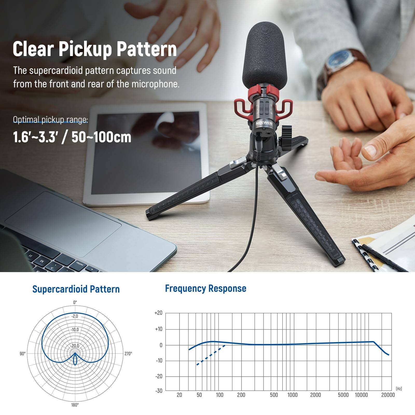 Clear Pickup Pattern  
The supercardioid pattern captures sound from the front and rear of the microphone.  
Optimal pickup range: 1.6'~3.3' / 50~100cm  

Supercardioid Pattern  

Frequency Response