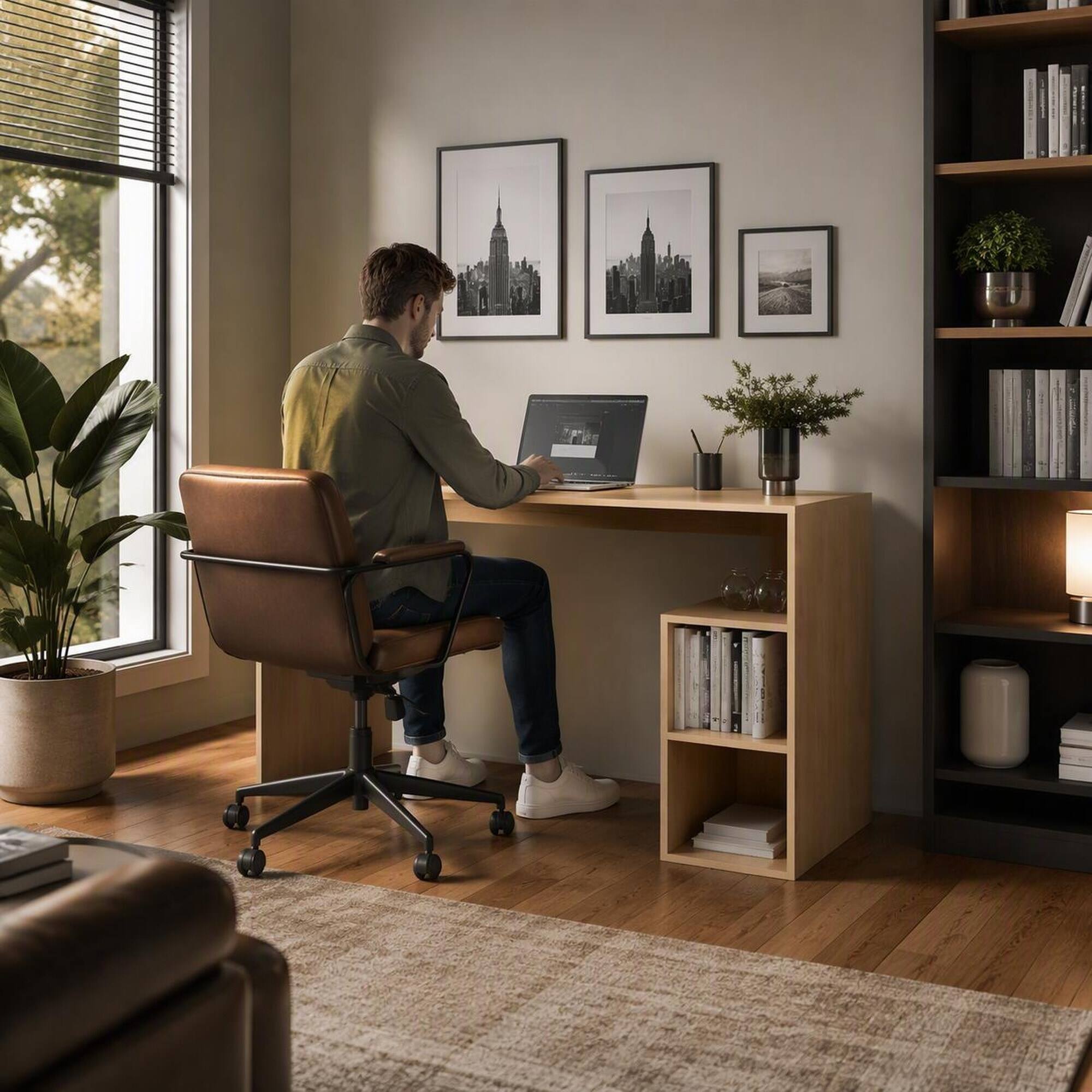 Angle. RYHNUYNE - 47.2 in Natural Oak Writing Desk, Four Shelves, Compact Home Office and Study Workstation, 47.2x20.5x29.8 inches - Oak.