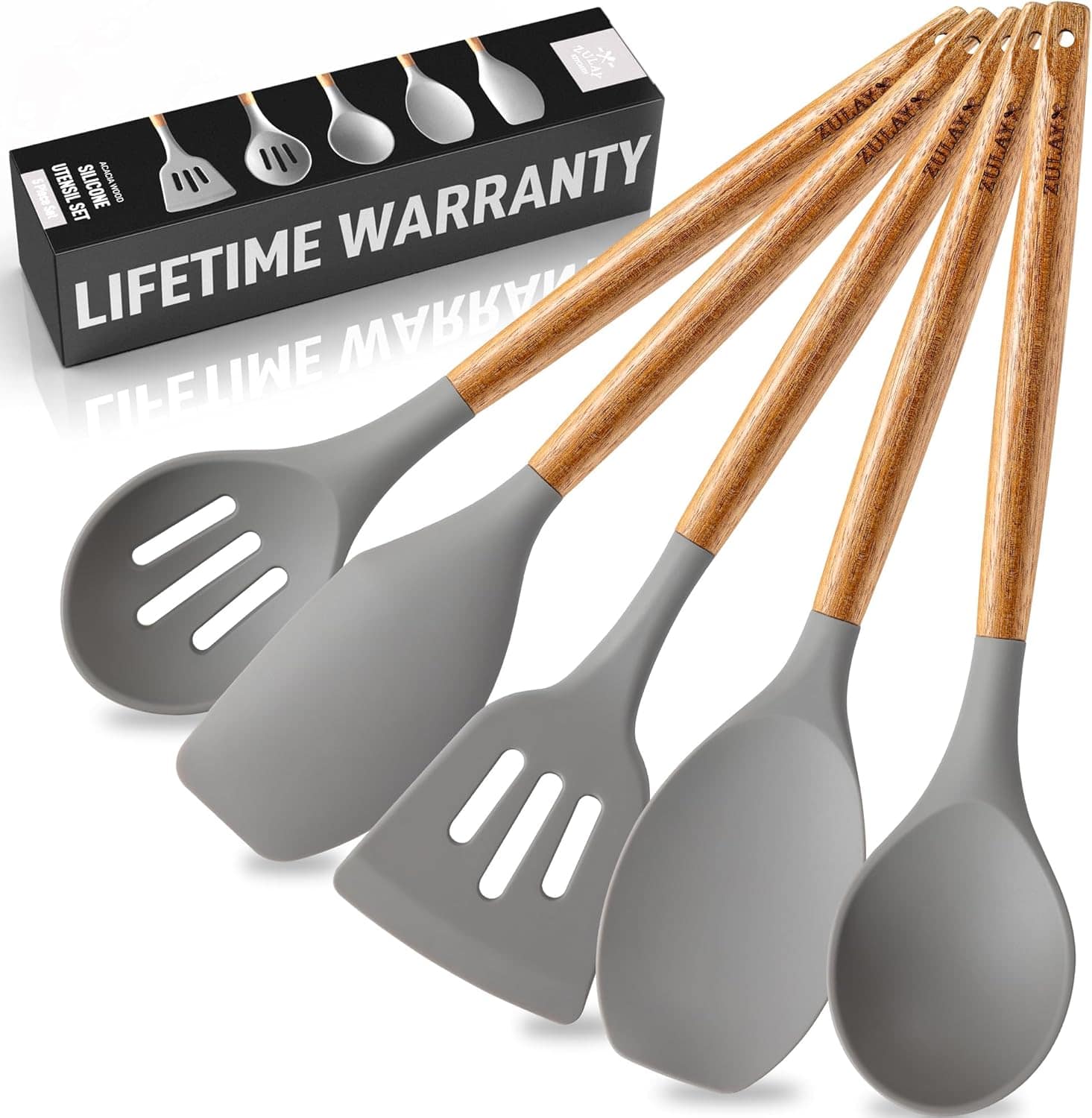 Sure, here is the corrected and grouped text from the image:

**Box:**
- SILICONE UTENSIL SET
- LIFETIME WARRANTY

**Utensils:**
- ZULAY

**Additional Text:**
- LIFETIME WARRANTY