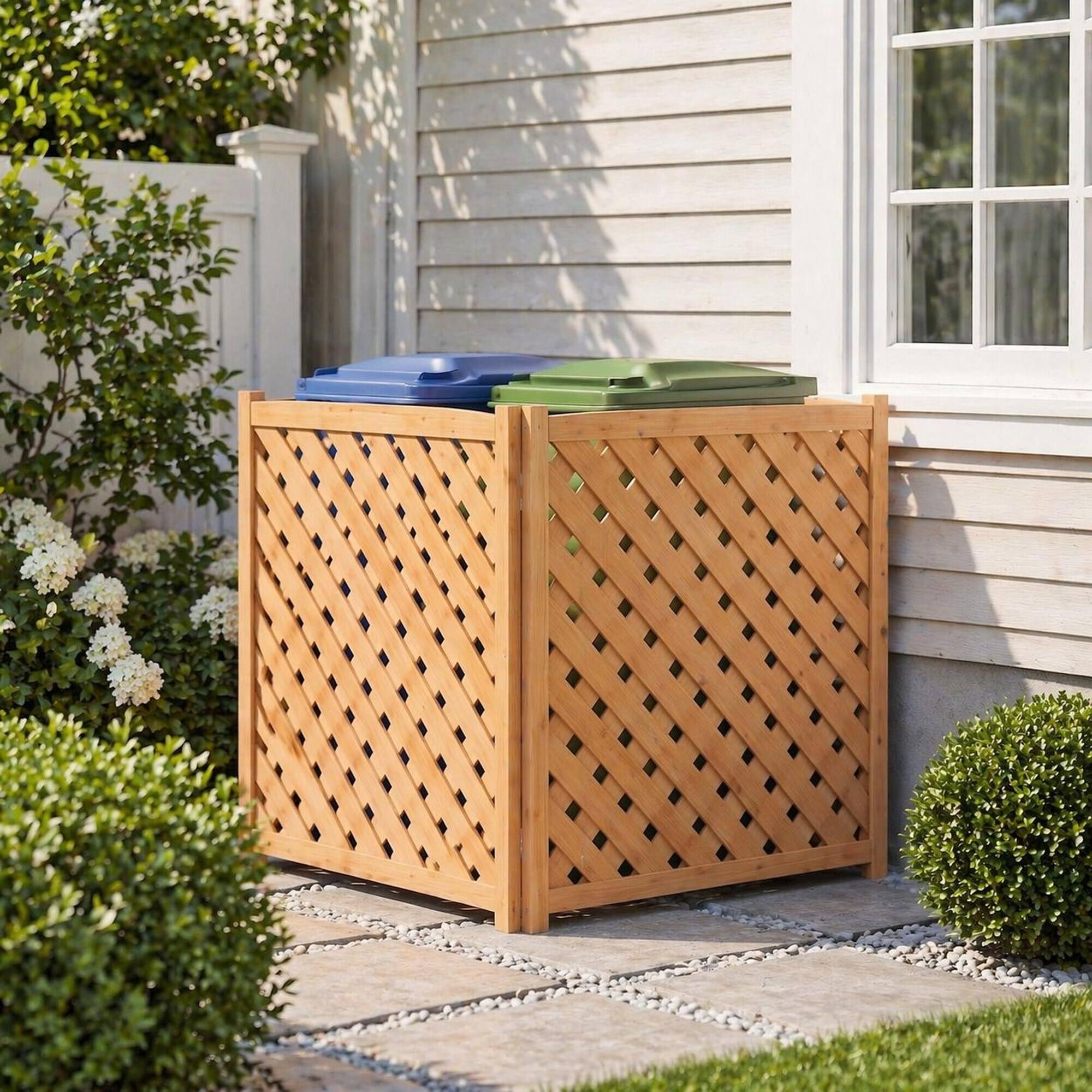 Left. RYHNUYNE - 3 Panel Wood Outdoor Privacy Fence Screen for Air Conditioner, 32 x 38 Inch Solid Wooden Patio Enclosure - Light Brown.