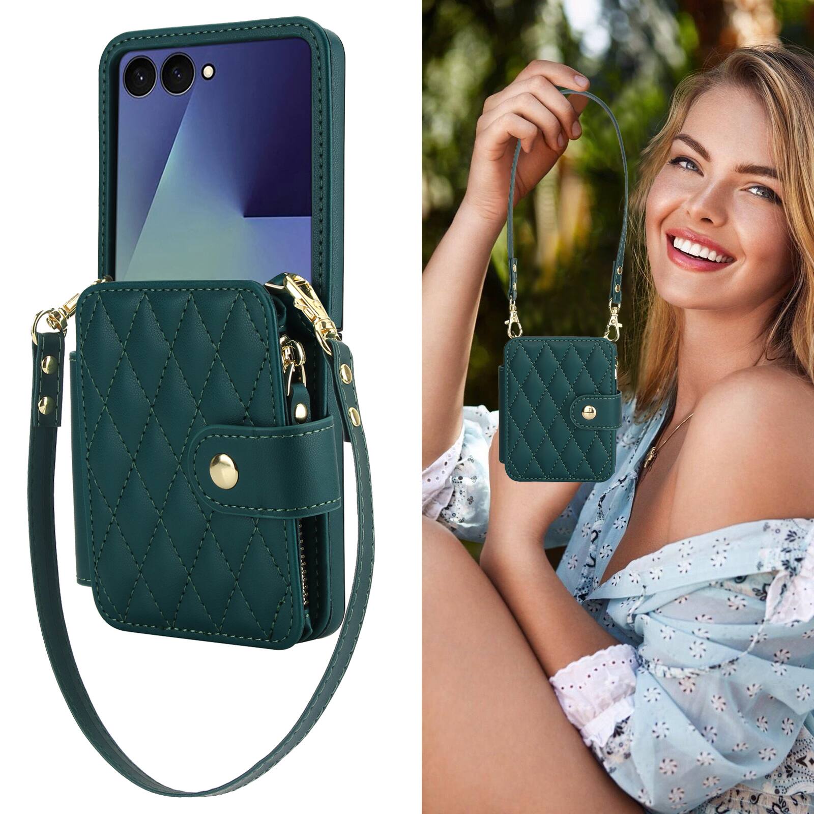 Left. Dteck - Crossbody Quilted PU Leather Wallet Case for Samsung Galaxy Z Flip7,Shock-absorbent RFID Card Pocket Back Cover+Strap - Green.
