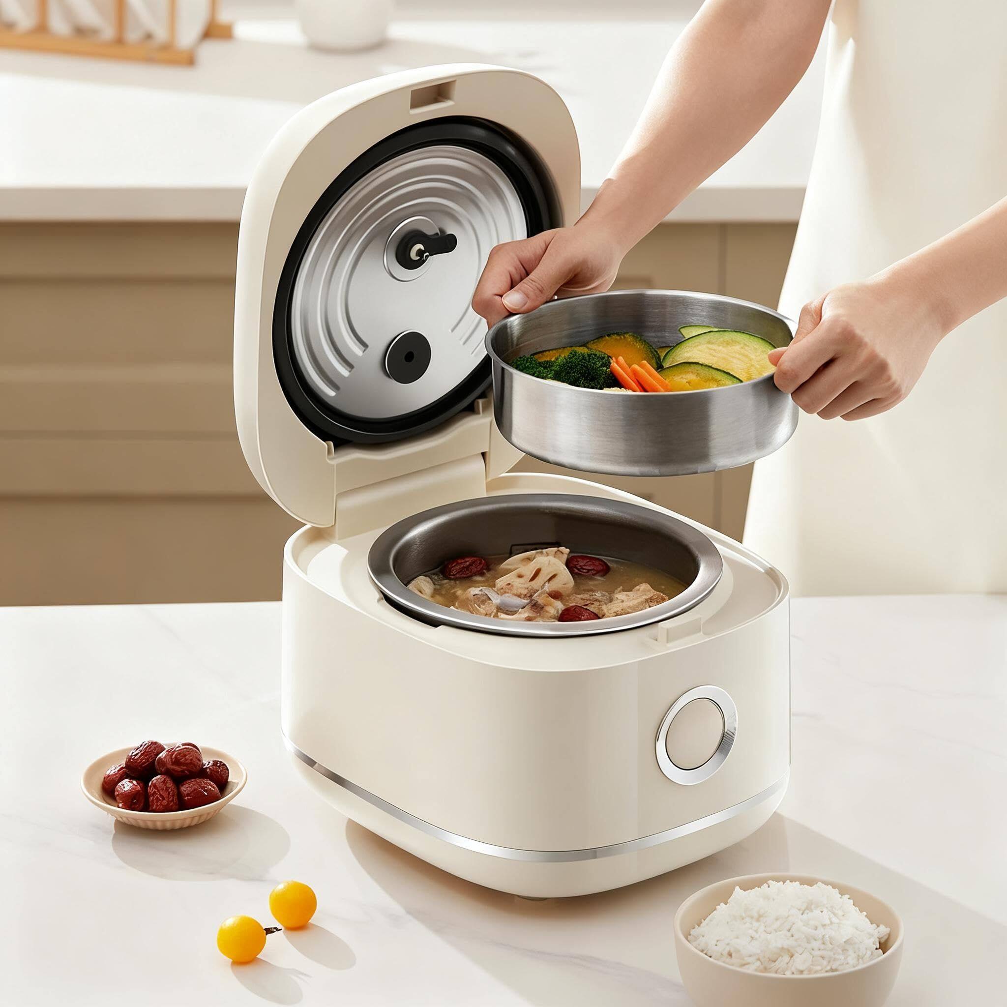 Left. Mirfee - Stainless Steel Rice Cooker, 6-Cup (3.2 Qt) | 316L Uncoated Inner Pot, No Non-Stick - Gray.