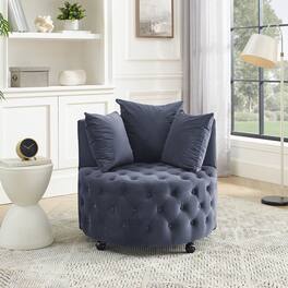 Trinkets Crazed - Velvet Upholstered Swivel Chair for Living Room, with Button Tufted Design and Movable Wheels, Including 3 Pillows - Gray