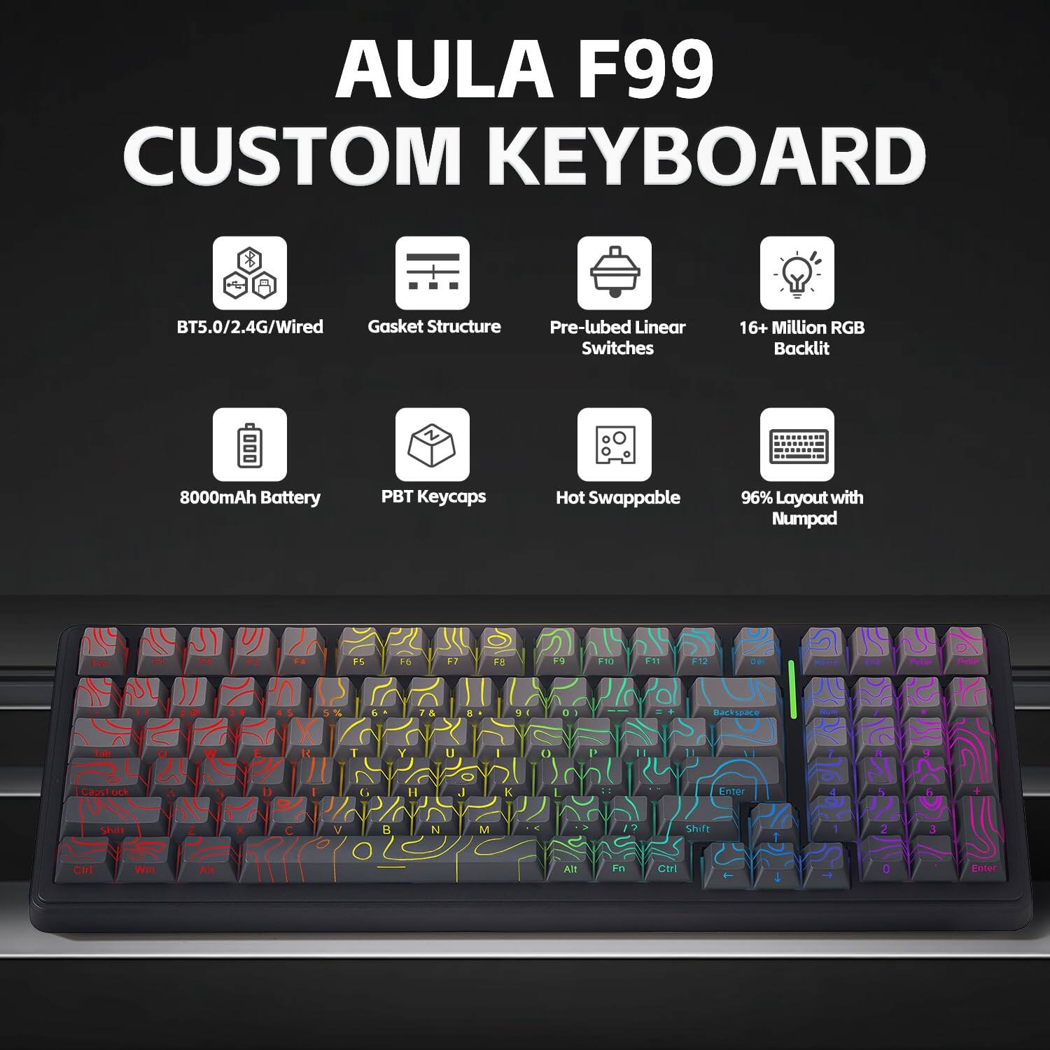AULA F99 CUSTOM KEYBOARD

- BT5.0/2.4G/Wired
- Gasket Structure
- Pre-lubed Linear Switches
- 16+ Million RGB Backlit
- 8000mAh Battery
- PBT Keycaps
- Hot Swappable
- 96% Layout with Numpad

F1 F2 F3 F4 F5 F6 F7 F8 F9 F10 F11 F12

1 2 3 4 5 6 7 8 9 0 - = Backspace

Tab Q W E R T Y U I O P [ ] \

A S D F G H J K L ; ' Enter

Z X C V B N M , . / Shift

Ctrl Fn Win Alt Spacebar

Caps Lock Shift

Ctrl Alt Fn