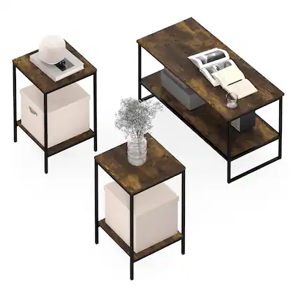Front. Furinno - SIMPLISTIC Coffee Table and End Table Set of 3, Modern Metal Frame Coffee Table & 2 Square Side Tables, Night Stands Set - Amber Pine.