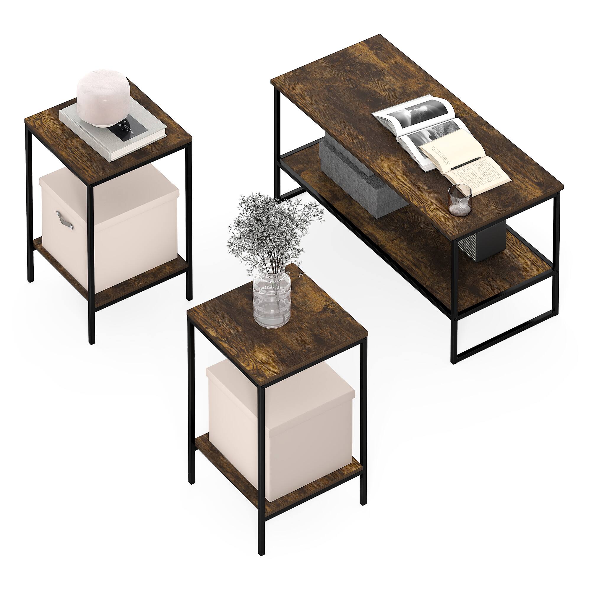 Front. Furinno - SIMPLISTIC Coffee Table and End Table Set of 3, Modern Metal Frame Coffee Table & 2 Square Side Tables, Night Stands Set - Amber Pine.
