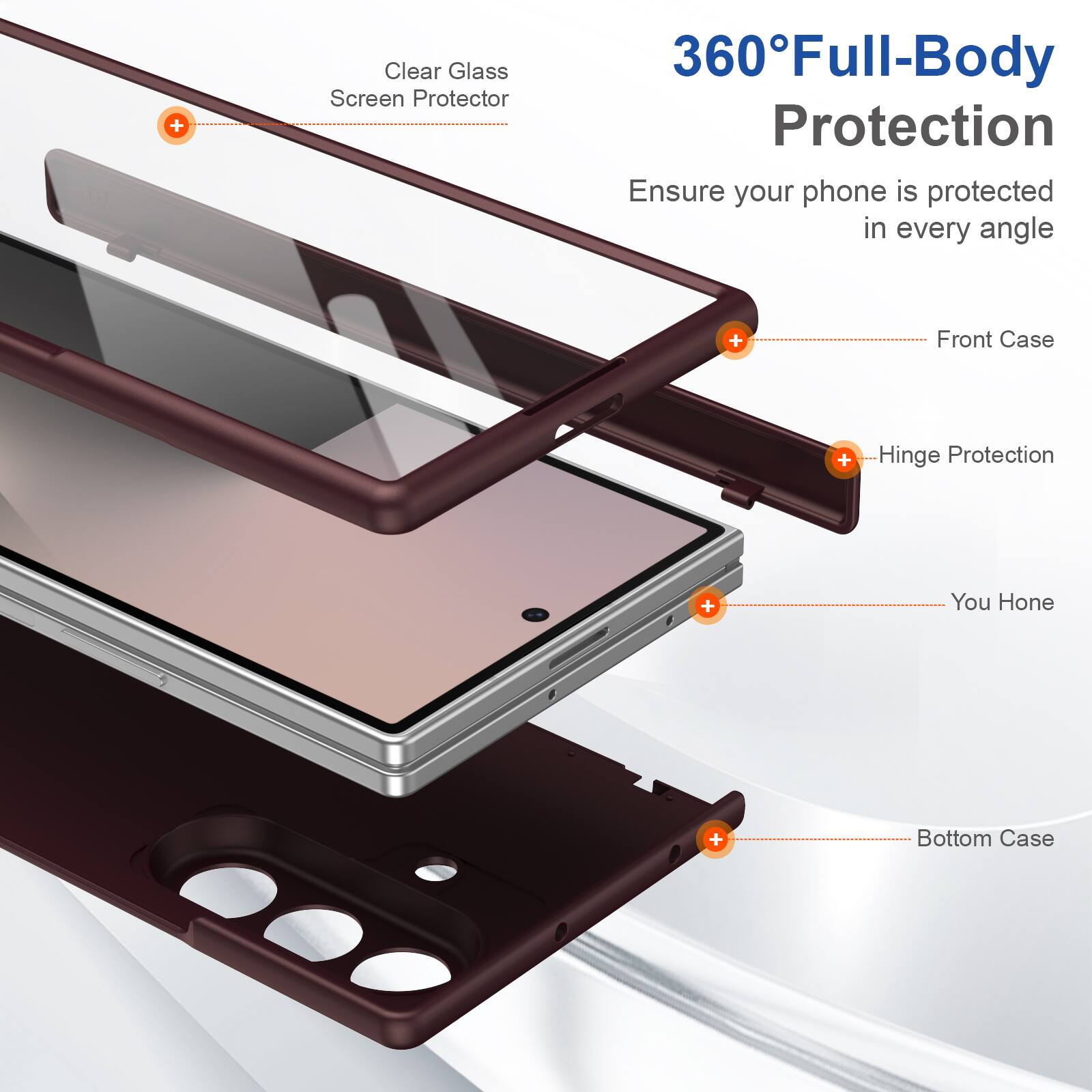 Clear Glass Screen Protector  
360° Full-Body Protection  
Ensure your phone is protected in every angle  
Front Case  
Hinge Protection  
You Hone  
Bottom Case