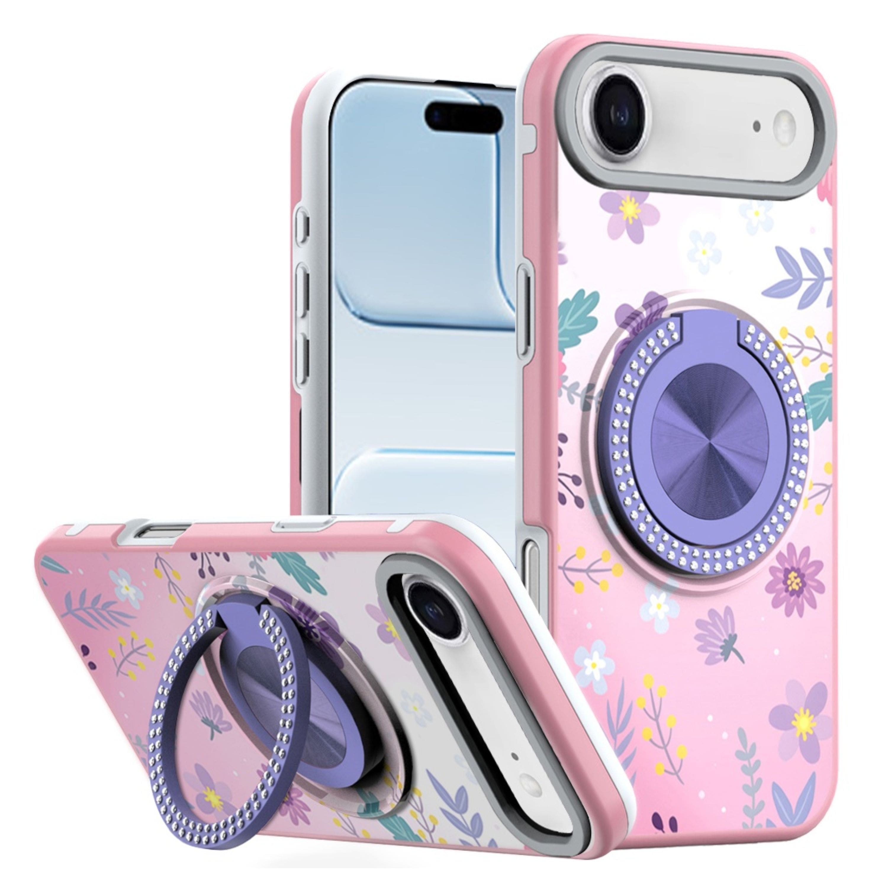 Kitcheniva - Printed Design Case With 360 Rotating Stand Tempered Glass For iPhone Air Floral C - Multicolor