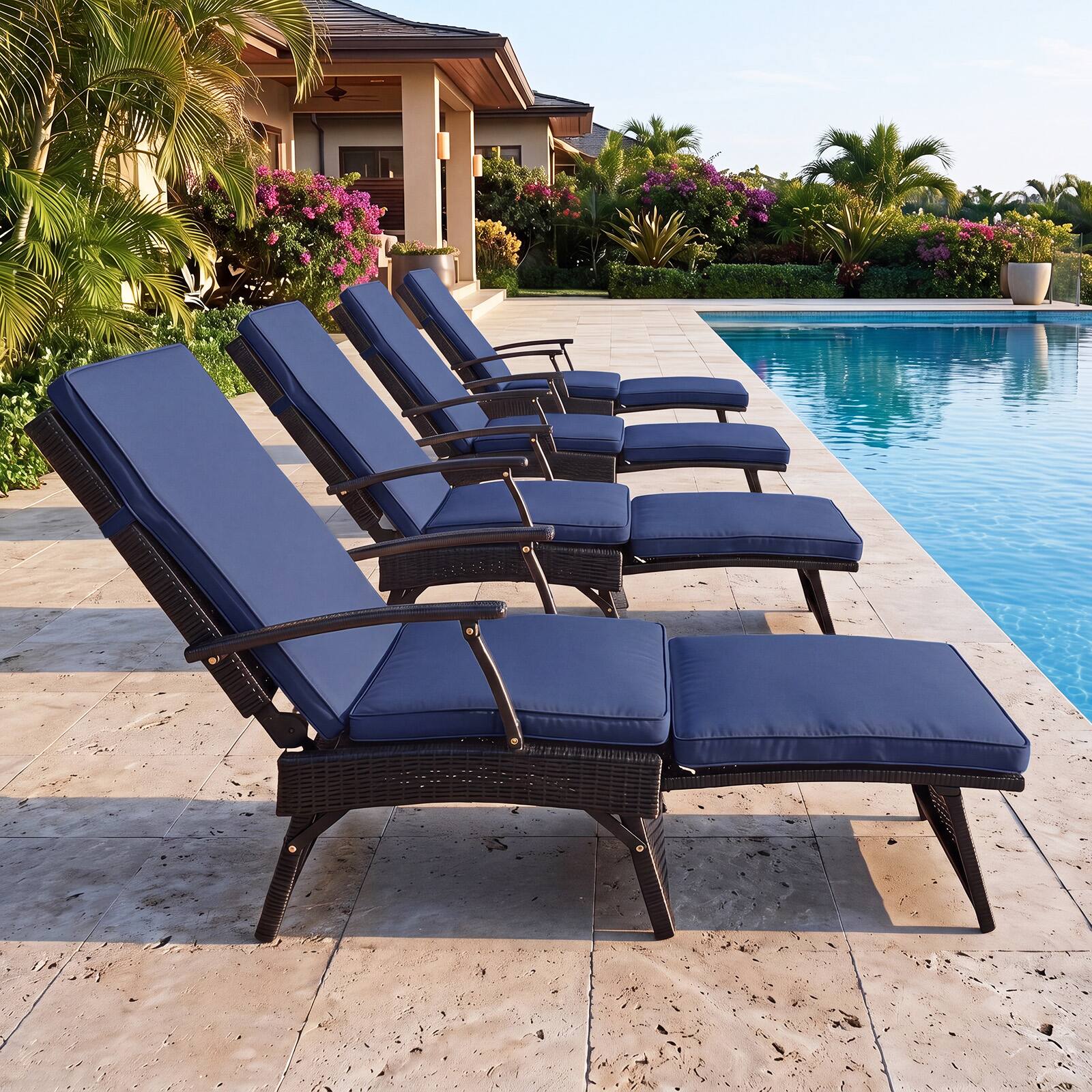 Alt View 4. Costway - Costway 2 PCS Folding Wicker Chaise Lounge with Slide-Out Ottoman, Sun-Proof PE Rattan - Mix Brown+Navy Blue.