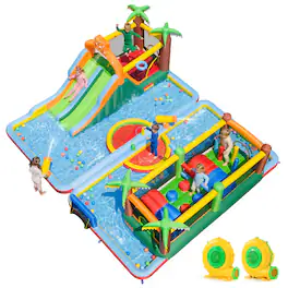 Gymax - Inflatable Water Slide Park w/Double Slides Splash Pools Jumping Area Blower - Multicolor