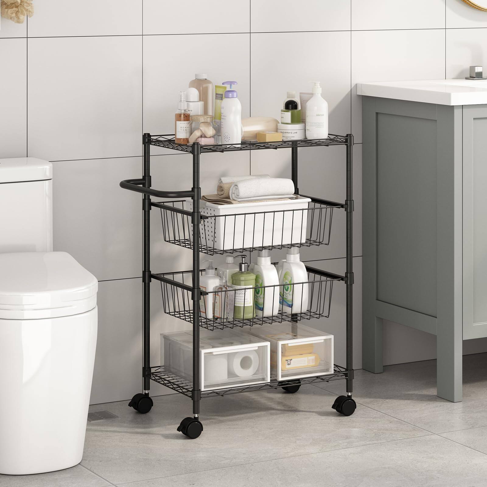 Front. Reds Spade - 4-Tier Rolling Storage Cart, Adjustable Wire Shelving Unit, Kitchen Utility Cart On Wheels with Basket and ... - Black-4 Tier.