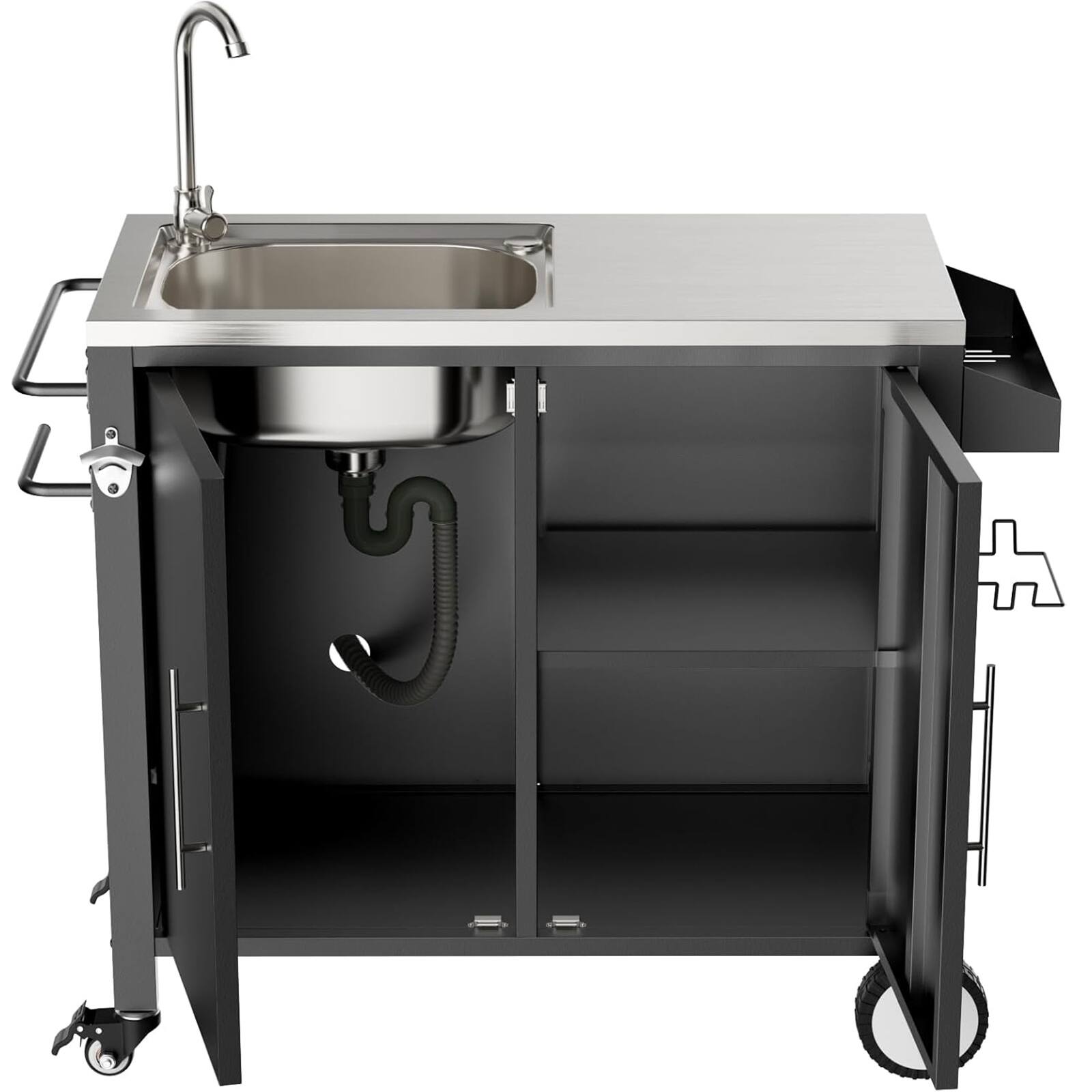 Alt View 7. Chateau Abodes - 304 Stainless Steel Outdoor Grill Table with Sink, Storage Cabinet on Wheels for Garden & Backyard - Black.