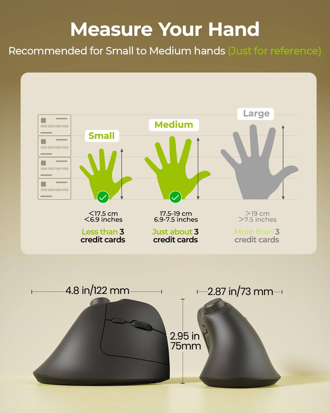Measure Your Hand  
Recommended for Small to Medium hands (Just for reference)  

Small  
<17.5 cm  
<6.9 inches  
Less than 3 credit cards  

Medium  
17.5-19 cm  
6.9-7.5 inches  
Just about 3 credit cards  

Large  
>19 cm  
>7.5 inches  
More than 3 credit cards  

4.8 in/122 mm  
2.87 in/73 mm  
2.95 in/75 mm
