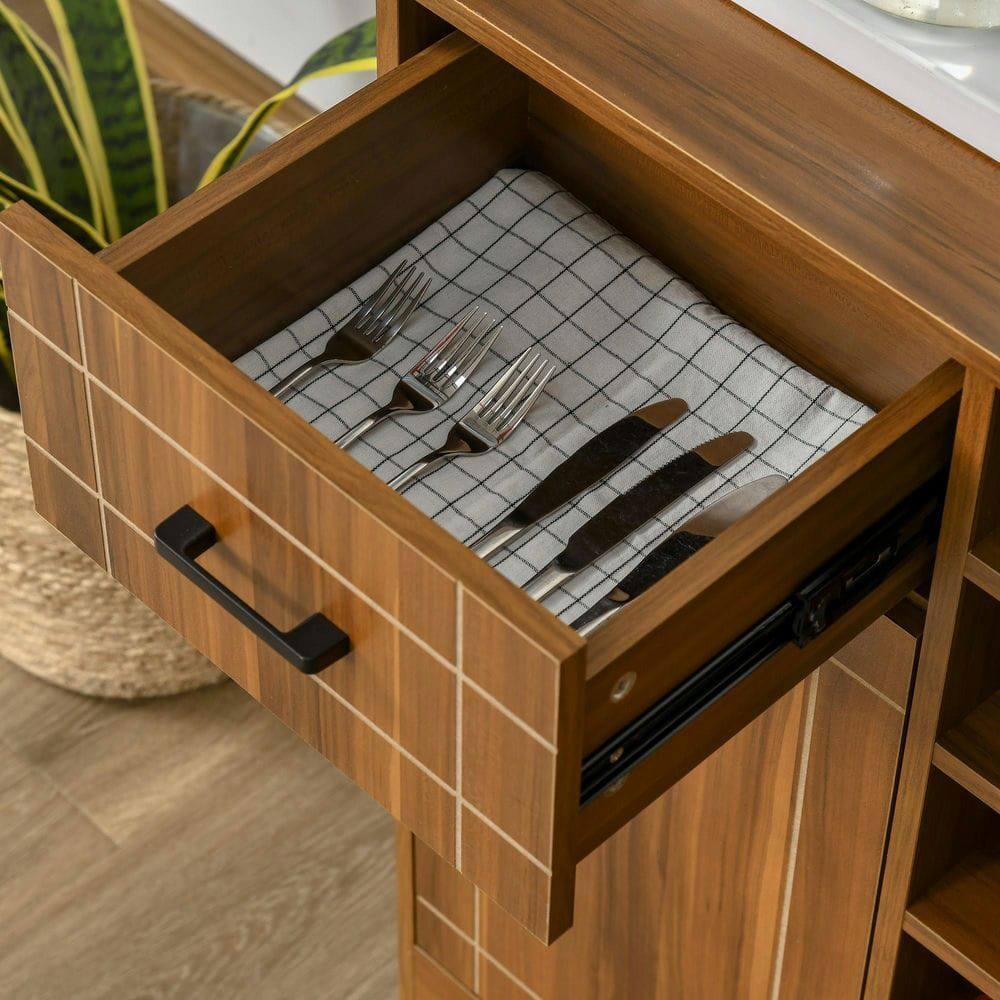 Angle. Kadyn - Retro Wine Cabinet for 6 Bottles with Glass Holders and a Drawer, Brown - Brown.