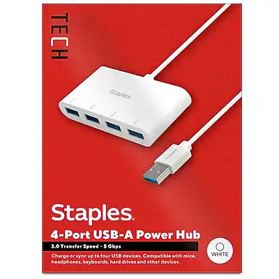 Staples
4-Port USB-A Power Hub
3.0 Transfer Speed - 5 Gbps
Charge or sync up to four USB devices. Compatible with mice, headphones, keyboards, hard drives and other devices.