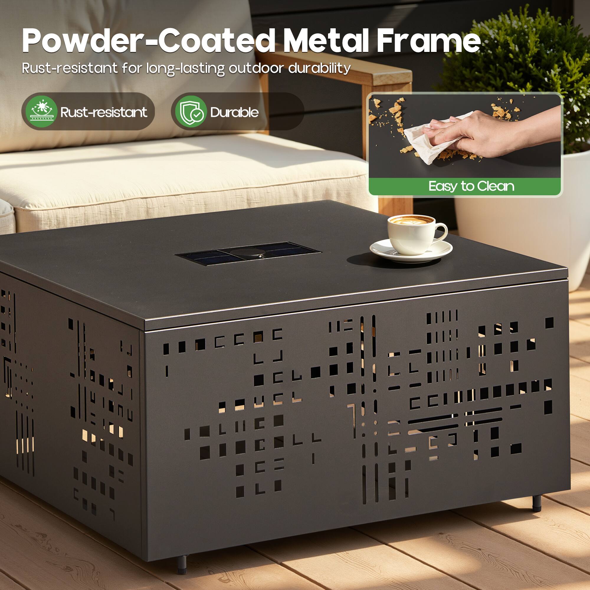 Powder-Coated Metal Frame  
Rust-resistant for long-lasting outdoor durability  

- Rust-resistant  
- Durable  
- Easy to Clean