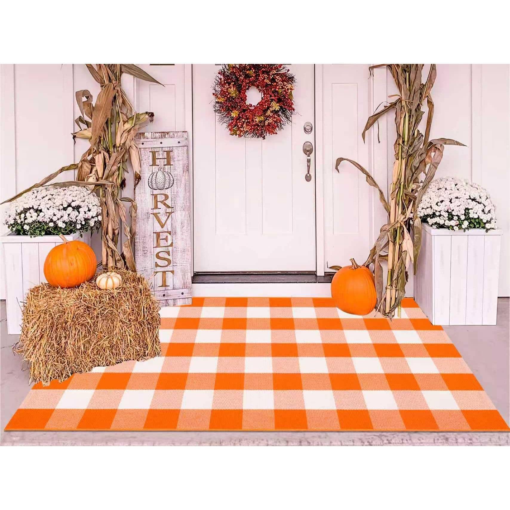 Reds Spade - And Outdoor Rug Front Porch Fall Cotton Woven Washable Layering For Entryway Hallway Indoor 【Material Craft - Orange Buffalo-3'x5'
