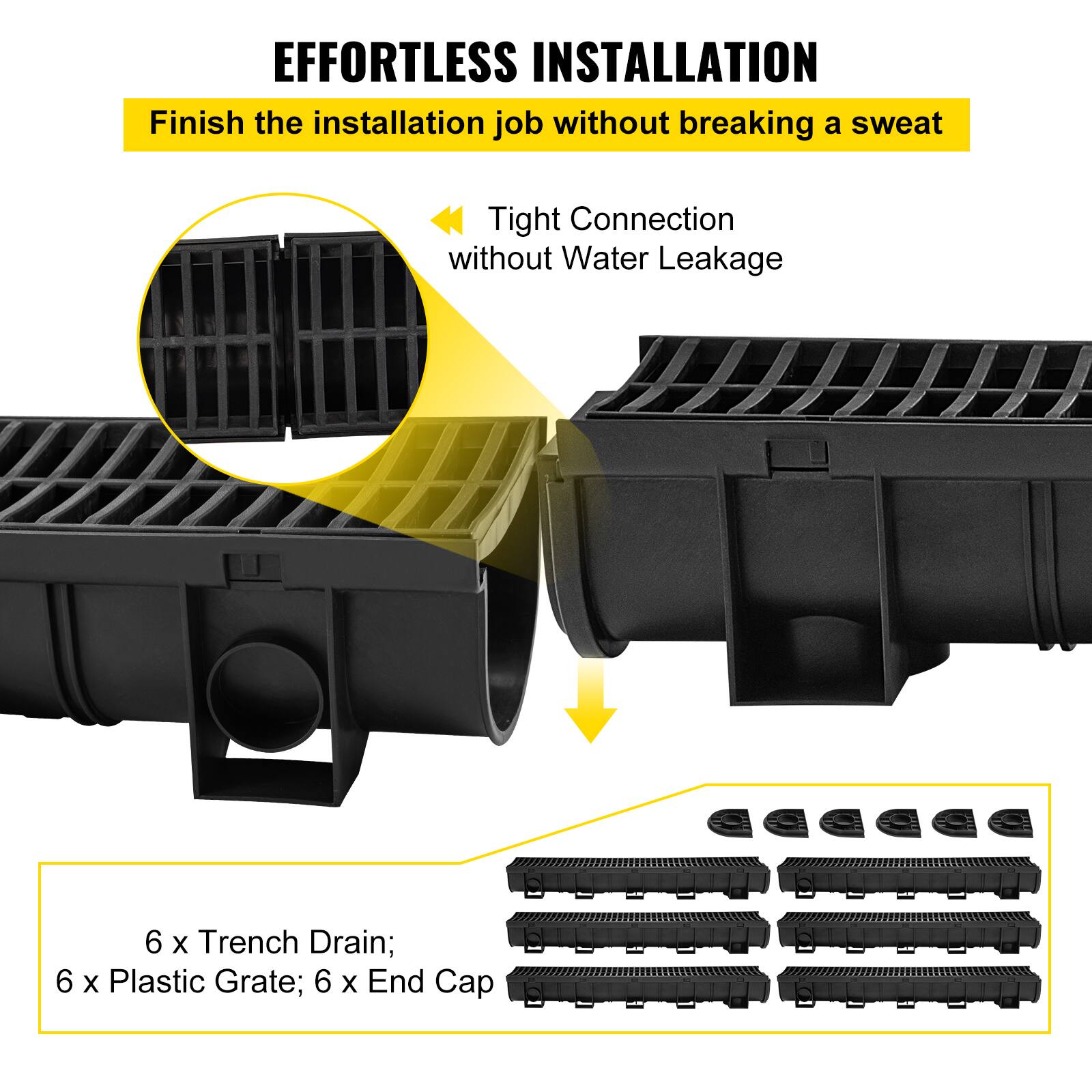 EFFORTLESS INSTALLATION  
Finish the installation job without breaking a sweat  

Tight Connection without Water Leakage  

6 x Trench Drain; 6 x Plastic Grate; 6 x End Cap