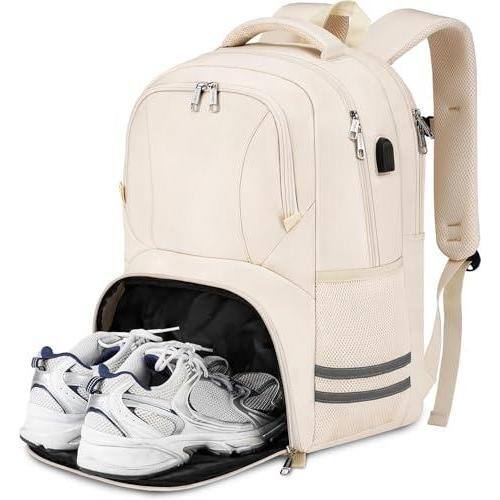 Front. Cozy Serene - Gym Backpack For Men Women With Shoe Compartment Water Resistant Workout Sports Bag Usb Port Fit 15.6 Inch Laptop - Beige-15.6 inch.