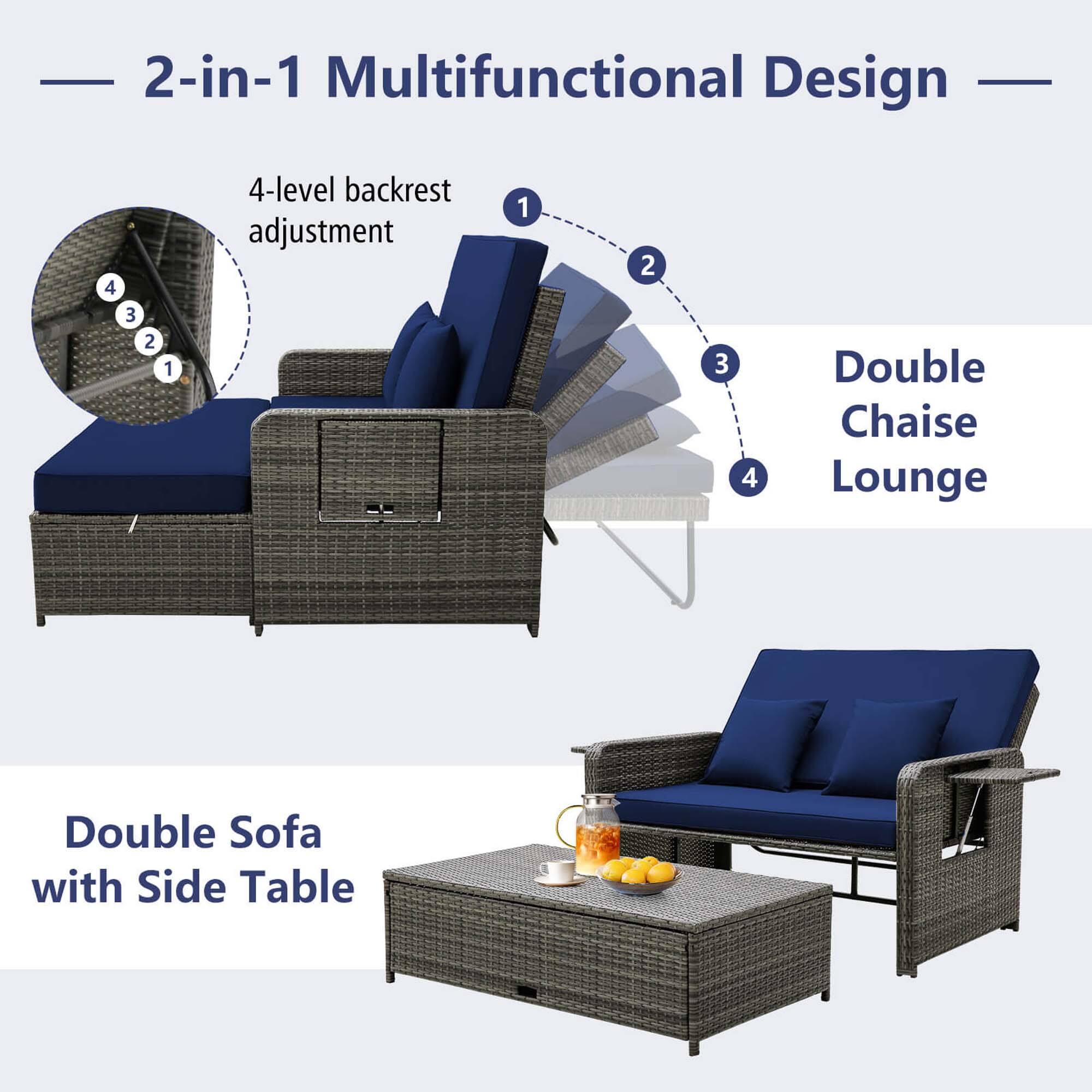 2-in-1 Multifunctional Design: This design features a double chaise lounge and a double sofa with a side table, providing versatile seating options for relaxation and socializing. The 4-level backrest adjustment allows for customizable comfort, while the 1, 2, 3, and 4 labels indicate the different seating arrangements available.