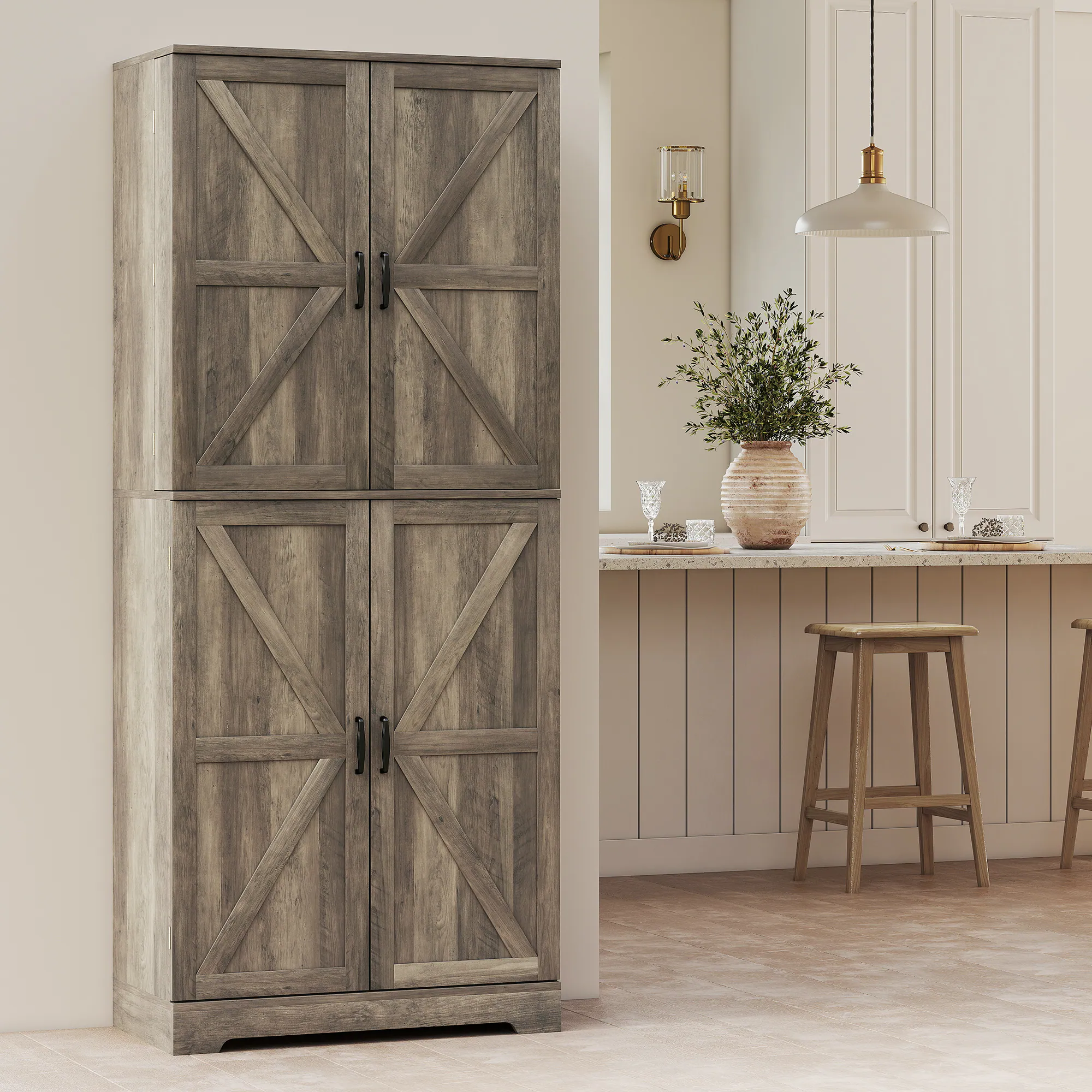 Alt View 8. Homcom - 72" Farmhouse Kitchen Pantry Cabinet, Freestanding Tall Storage Cabinet with 4 Barn Doors, 4 Adjustable Shelves - Grey Wash.
