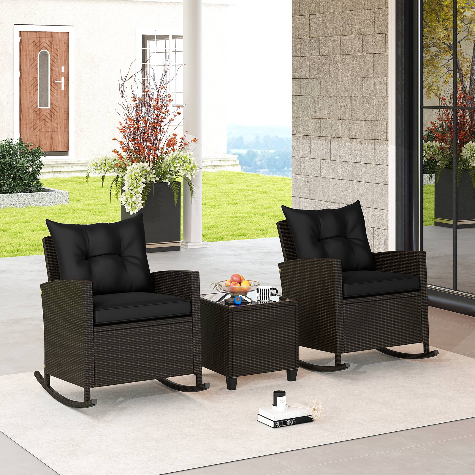 Alt View 1. Gymax - Gymax Set of 3 Wicker Rocking Set w/ Tempered Glass Table Patio Outdoor Black - Black.