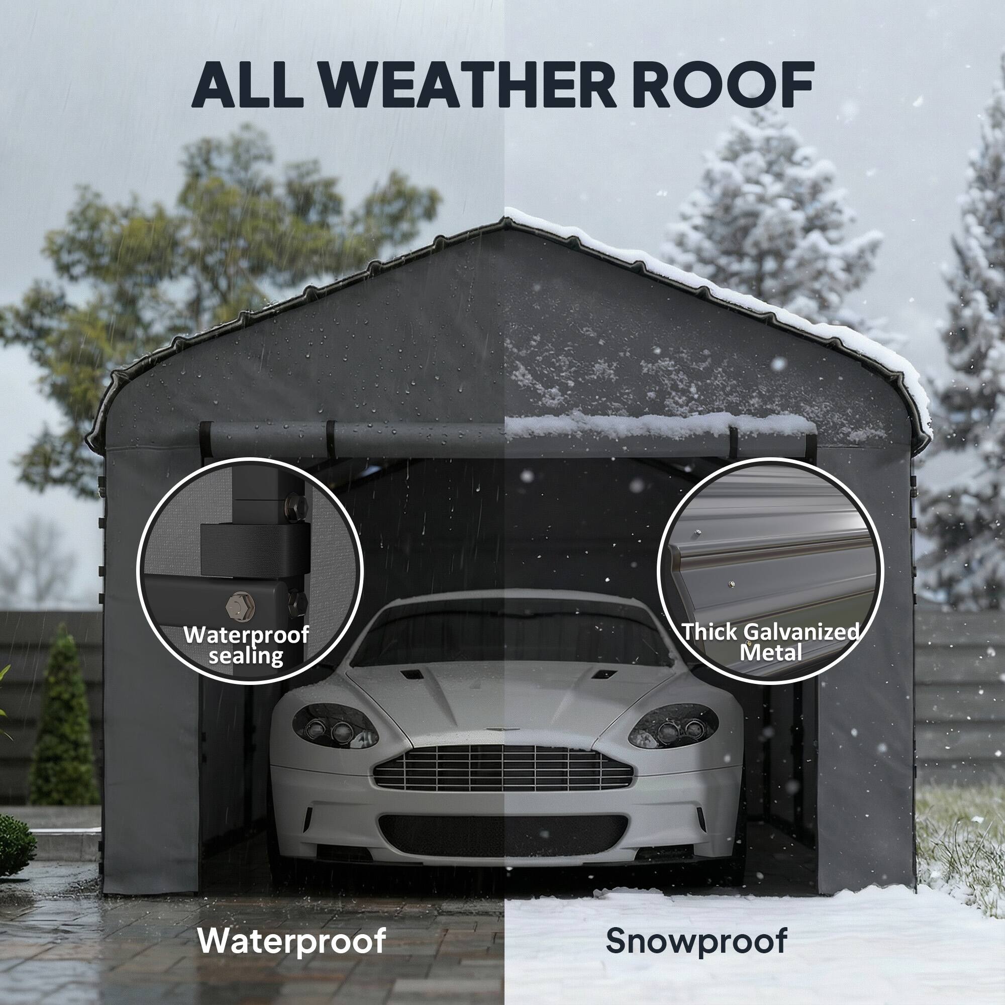 ALL WEATHER ROOF

Waterproof sealing  
Waterproof

Thick Galvanized Metal  
Snowproof