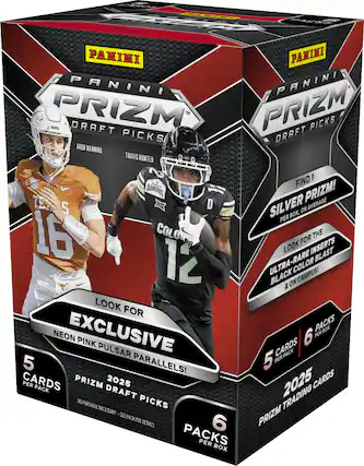 PANINI PRIZM DRAFT PICKS
- Look for exclusive packs with neon pink pulsar parallels!
- 5 cards per pack
- 6 packs per box
- 2025 Prizm Draft Picks
- Silver Prizm! Find 1 per box, on average
- Look for the ultra-rare inserts blast & on campus!
- No purchase necessary - see pack for details