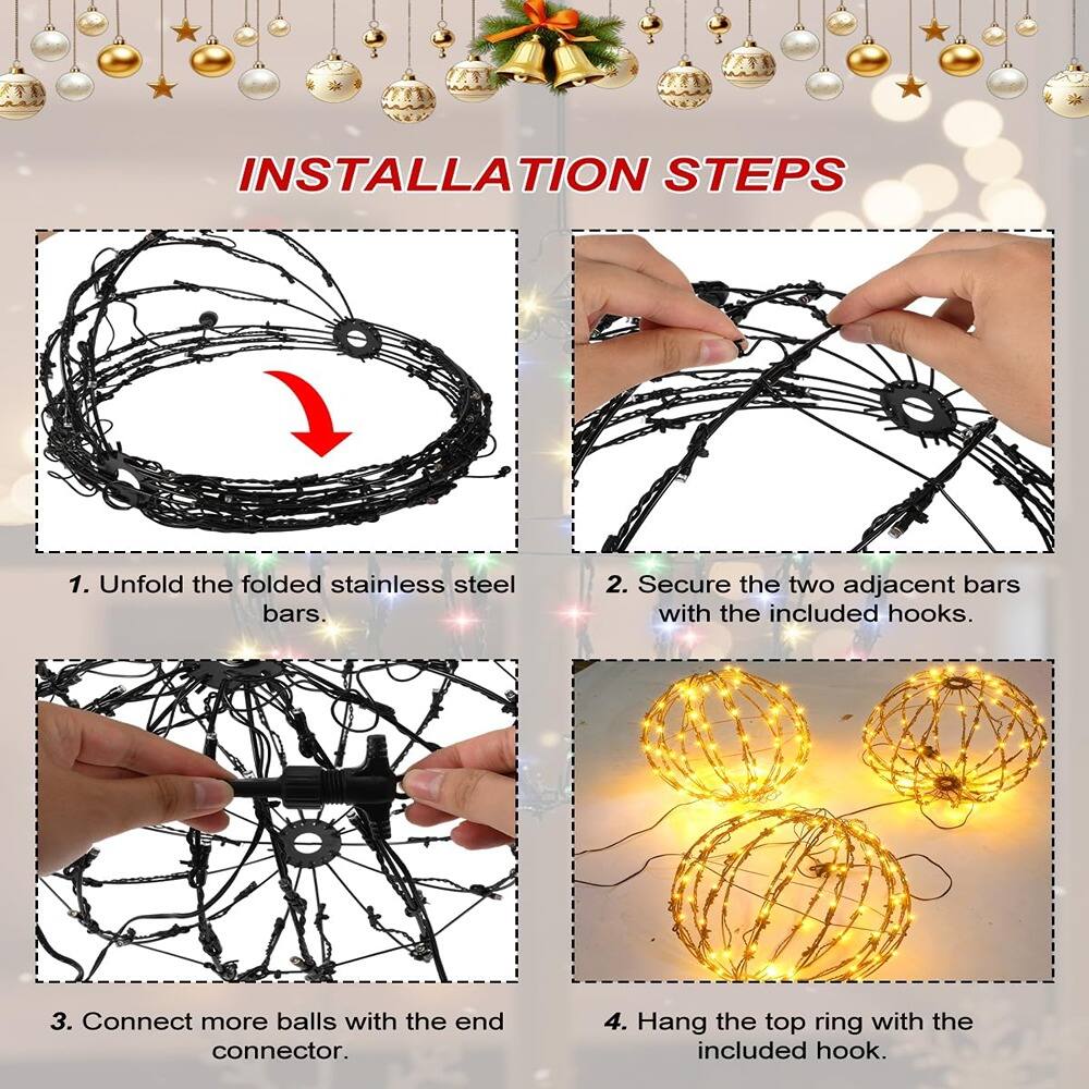 INSTALLATION STEPS

1. Unfold the folded stainless steel bars.
2. Secure the two adjacent bars with the included hooks.
3. Connect more balls with the end connector.
4. Hang the top ring with the included hook.