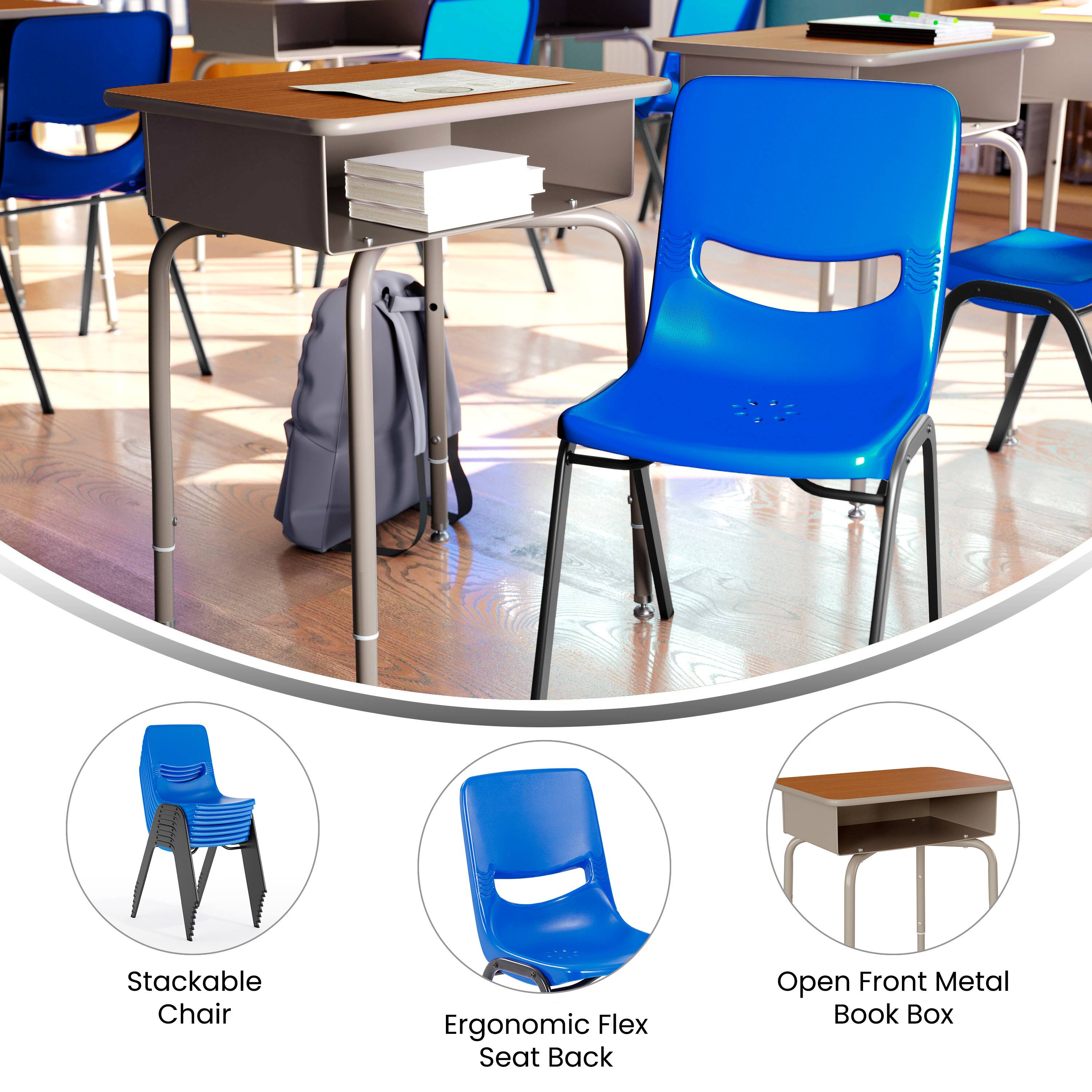 Stackable Chair  
Ergonomic Flex Seat Back  
Open Front Metal Book Box