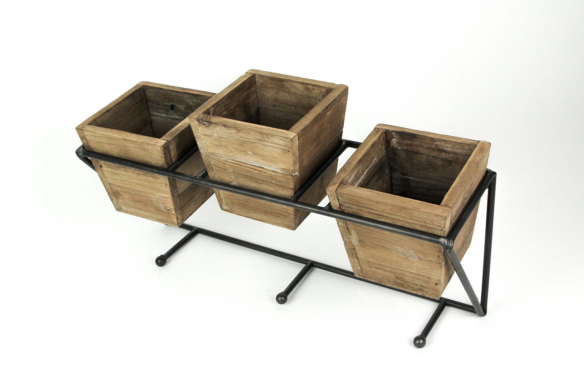 Alt View 1. Things2Die4 - Wood and Wrought Iron Triple Planter Wall Hook Rack - Brown.